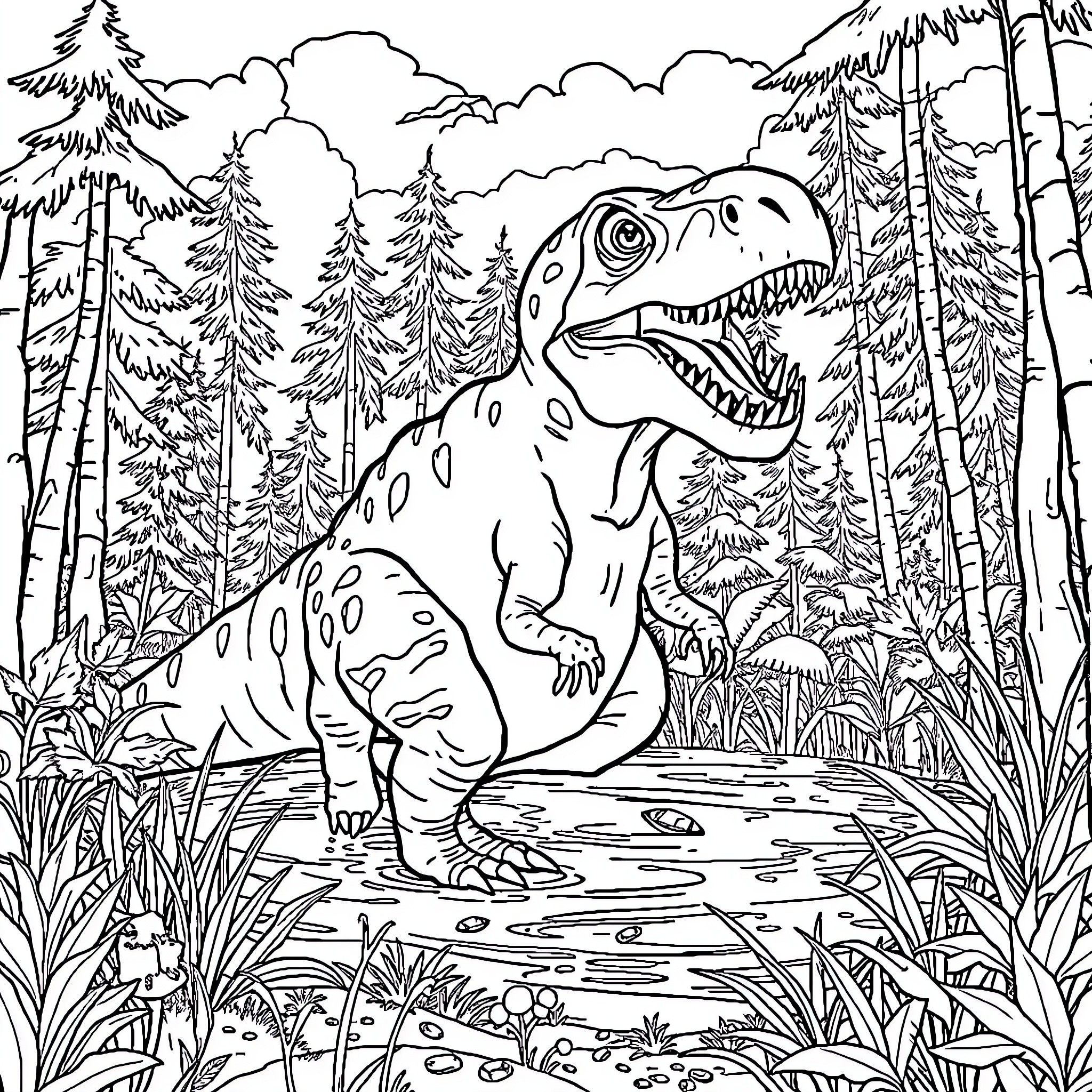 Human dinosaur exploring forest landscape Coloring Page (free black-and-white line drawing printable PDF for all, from beginners to advanced learners, including children, teens, adults, and seniors)