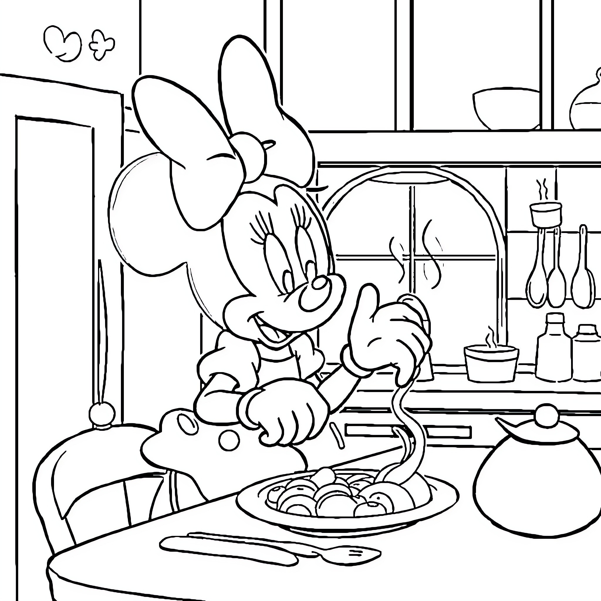 Minnie cooking a delicious meal in the kitchen Coloring Page (free black-and-white line drawing printable PDF for all, from beginners to advanced learners, including children, teens, adults, and seniors)