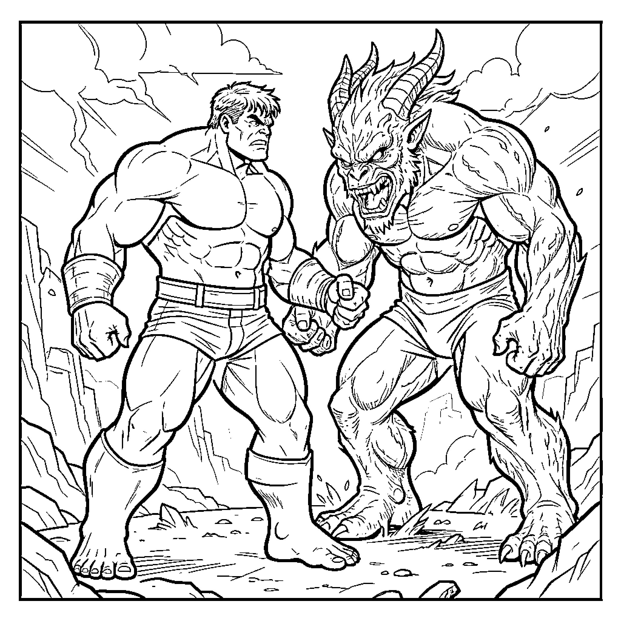 Hulk facing off against a powerful horned monster Coloring Page (free black-and-white line drawing printable PDF for all, from beginners to advanced learners, including children, teens, adults, and seniors)