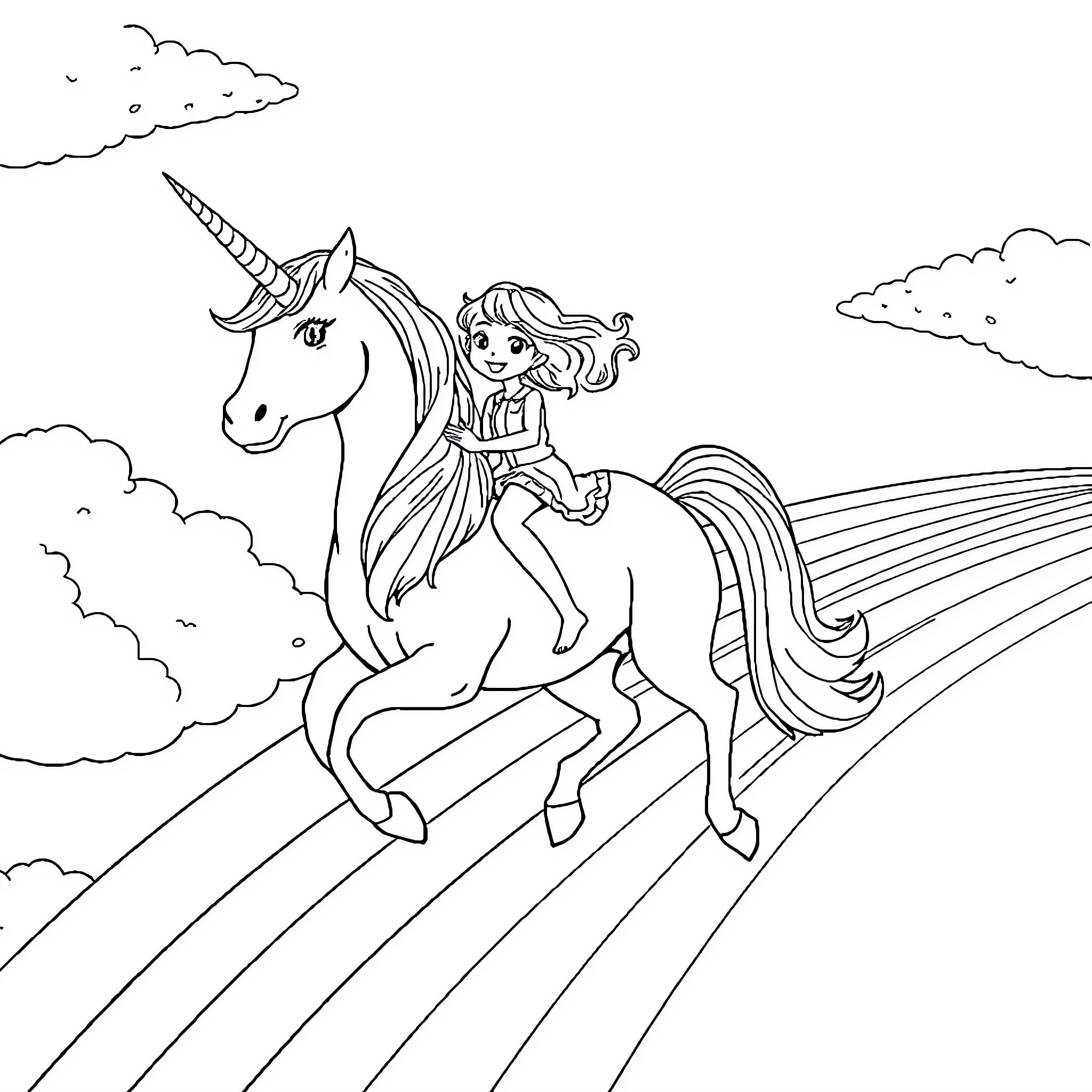 Girl riding magical unicorn through enchanted landscape Coloring Page (free black-and-white line drawing printable PDF for all, from beginners to advanced learners, including children, teens, adults, and seniors)