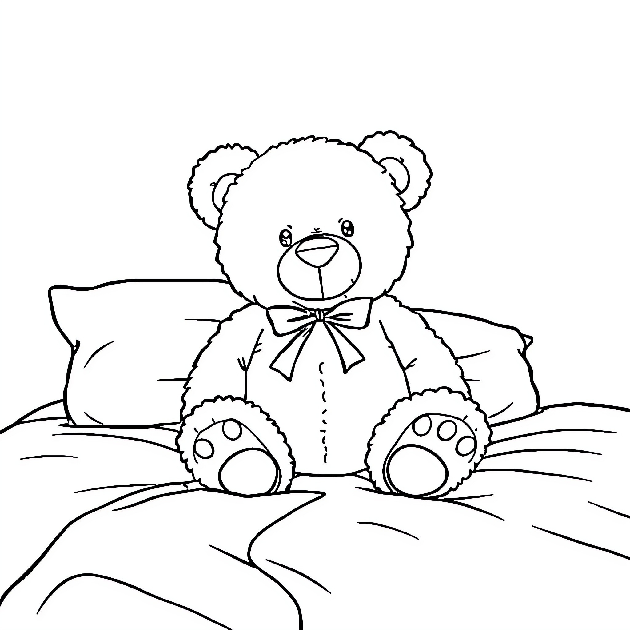 Teddy Bear sitting on a soft bed Coloring Page (free black-and-white line drawing printable PDF for all, from beginners to advanced learners, including children, teens, adults, and seniors)