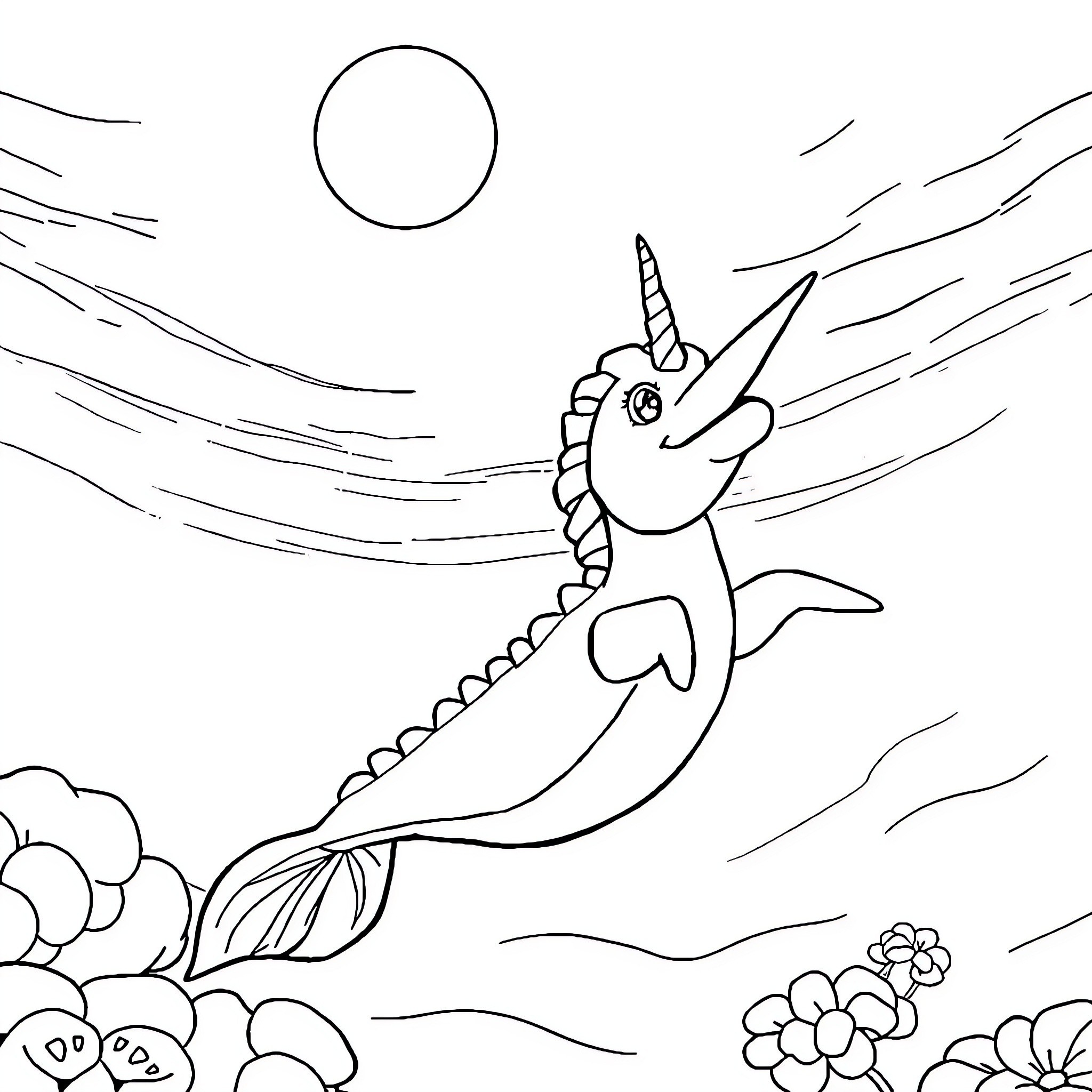 Unicorn swimming gracefully in the moonlit waters Coloring Page (free black-and-white line drawing printable PDF for all, from beginners to advanced learners, including children, teens, adults, and seniors)