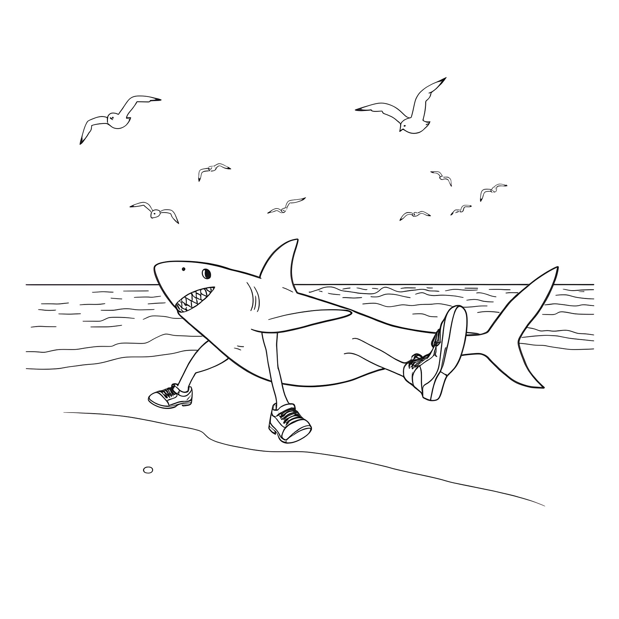Shark Running on the Beach Coloring Page (free black-and-white line drawing printable PDF for all, from beginners to advanced learners, including children, teens, adults, and seniors)