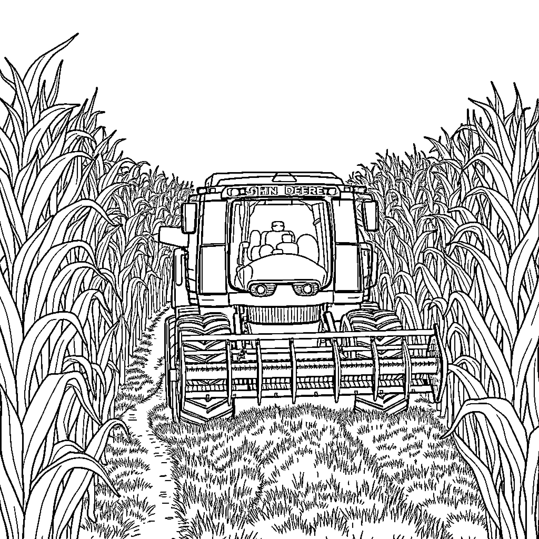 John Deere Harvester Plowing Through Tall Crops Coloring Page (free black-and-white line drawing printable PDF for all, from beginners to advanced learners, including children, teens, adults, and seniors)