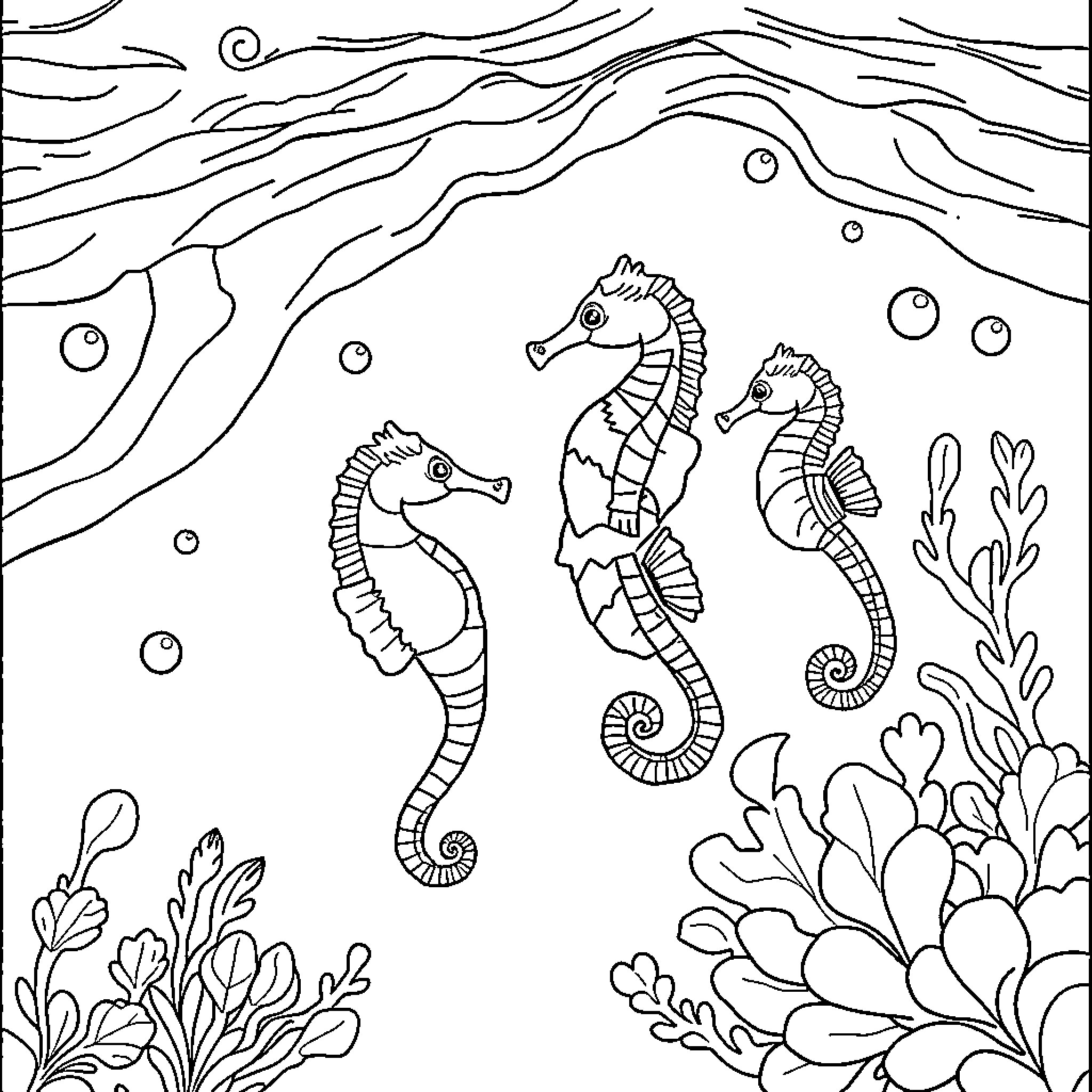 Seahorses dancing gracefully in the underwater garden Coloring Page (free black-and-white line drawing printable PDF for all, from beginners to advanced learners, including children, teens, adults, and seniors)
