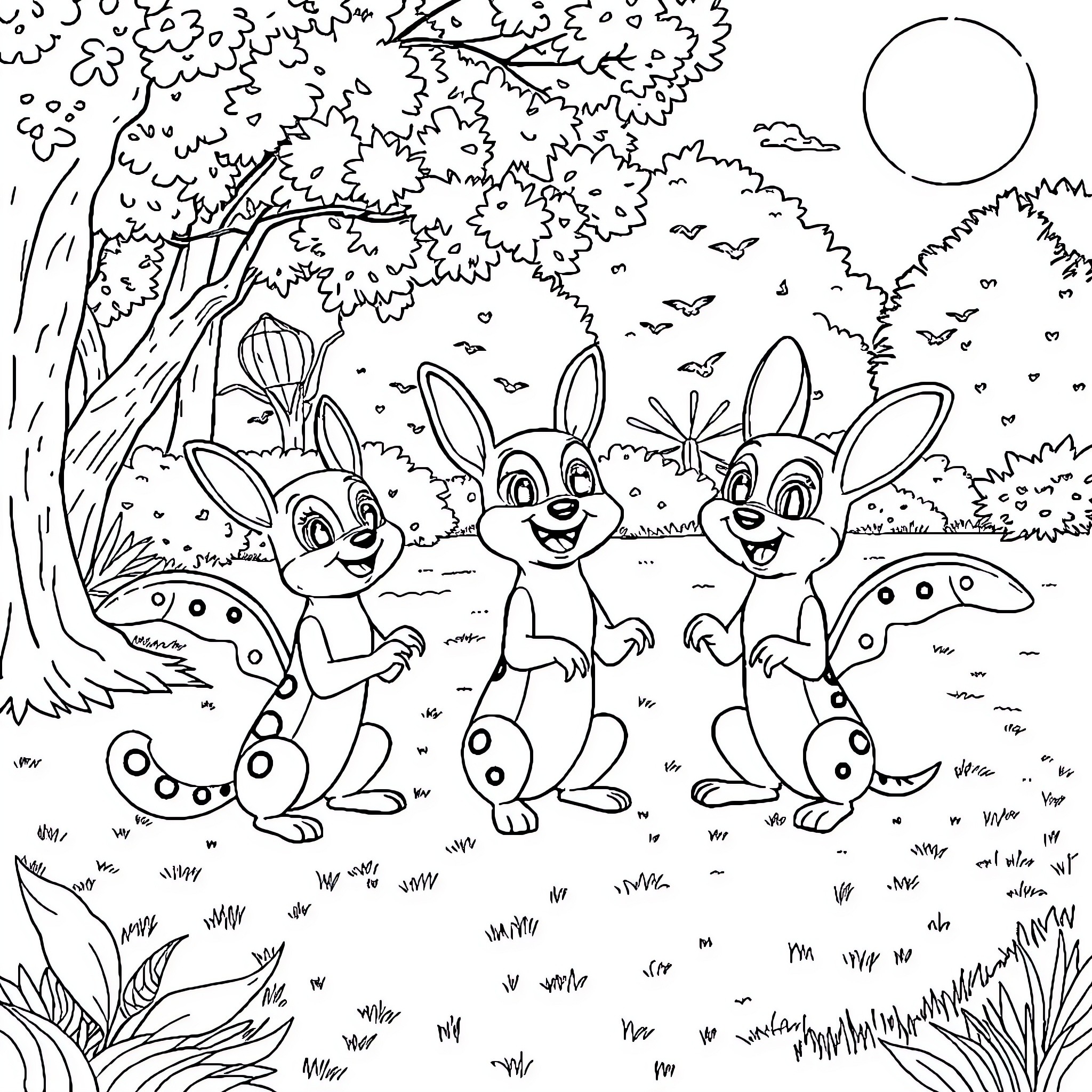 Paw Patrol Characters Exploring Whimsical Forest Coloring Page (free black-and-white line drawing printable PDF for all, from beginners to advanced learners, including children, teens, adults, and seniors)