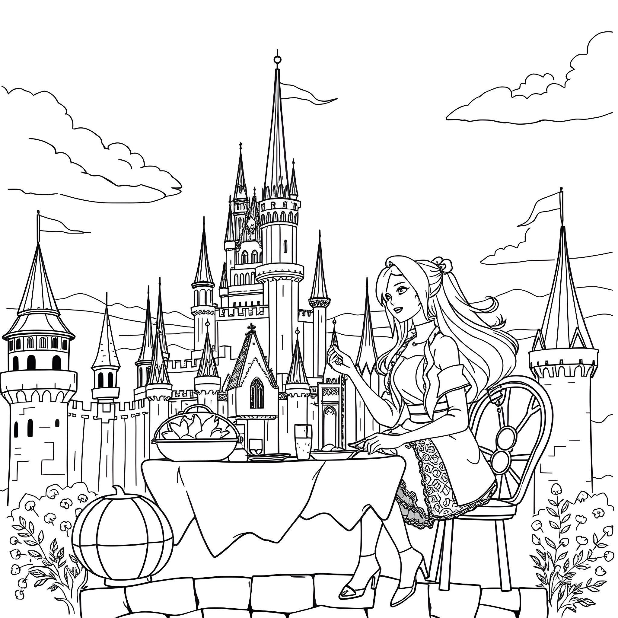 Naruto character enjoying a meal in a fantasy castle Coloring Page (free black-and-white line drawing printable PDF for all, from beginners to advanced learners, including children, teens, adults, and seniors)