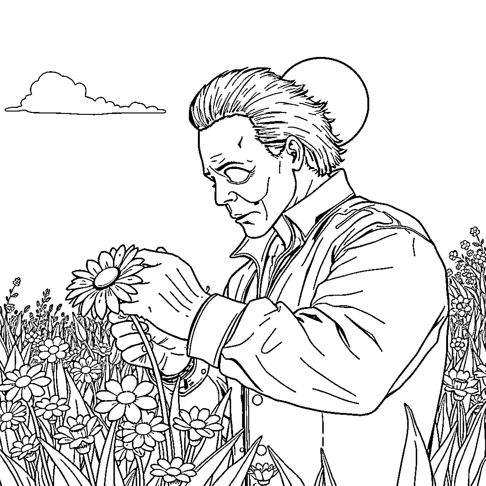 Michael Myers admiring a flower in a field Coloring Page (free black-and-white line drawing printable PDF for all, from beginners to advanced learners, including children, teens, adults, and seniors)