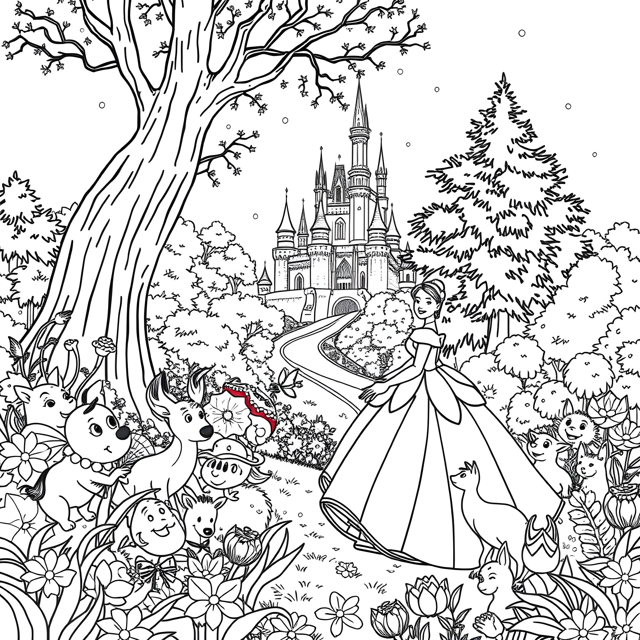 Cinderella's enchanting journey through the magical forest Coloring Page (free black-and-white line drawing printable PDF for all, from beginners to advanced learners, including children, teens, adults, and seniors)