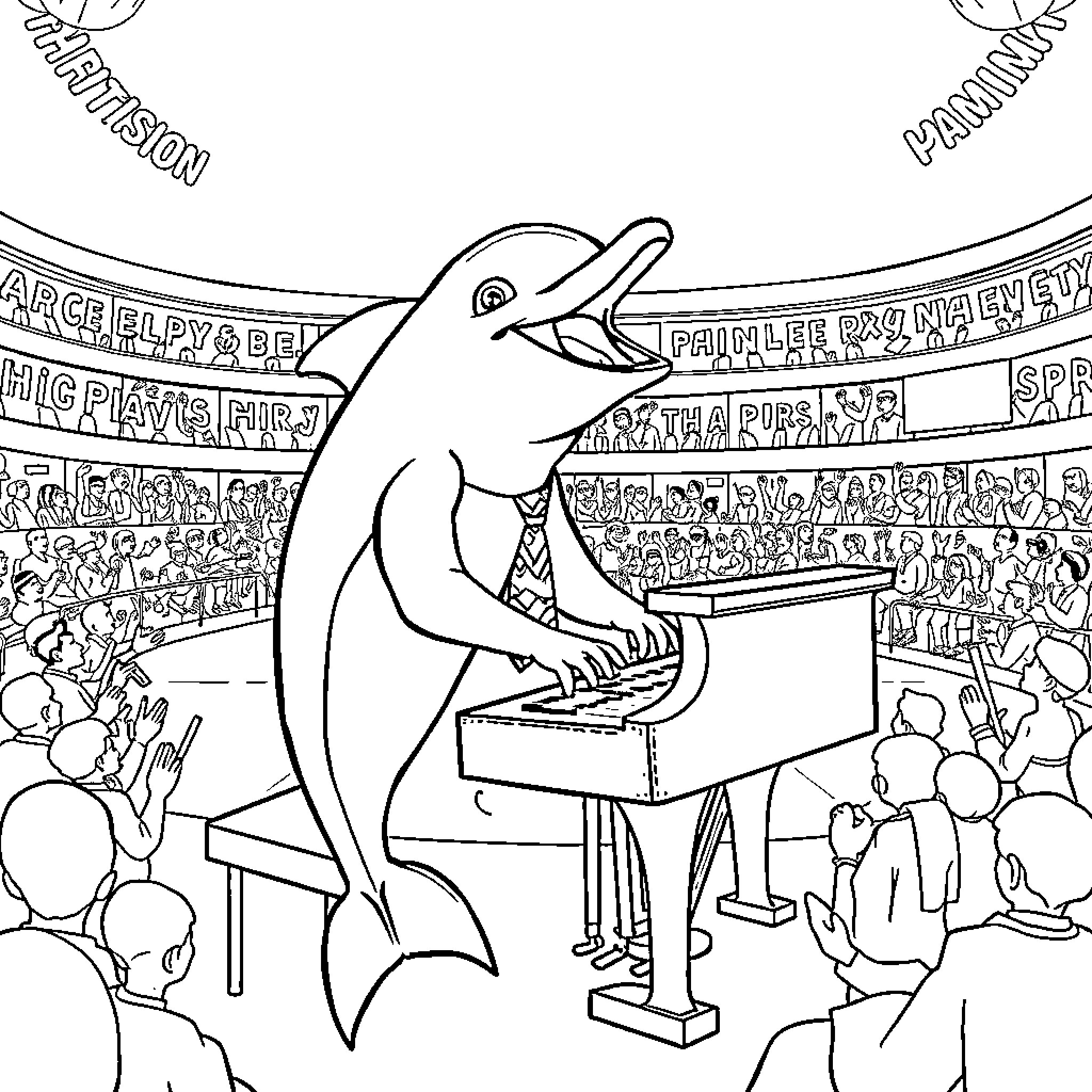 Dolphin playing the piano for an audience Coloring Page (free black-and-white line drawing printable PDF for all, from beginners to advanced learners, including children, teens, adults, and seniors)