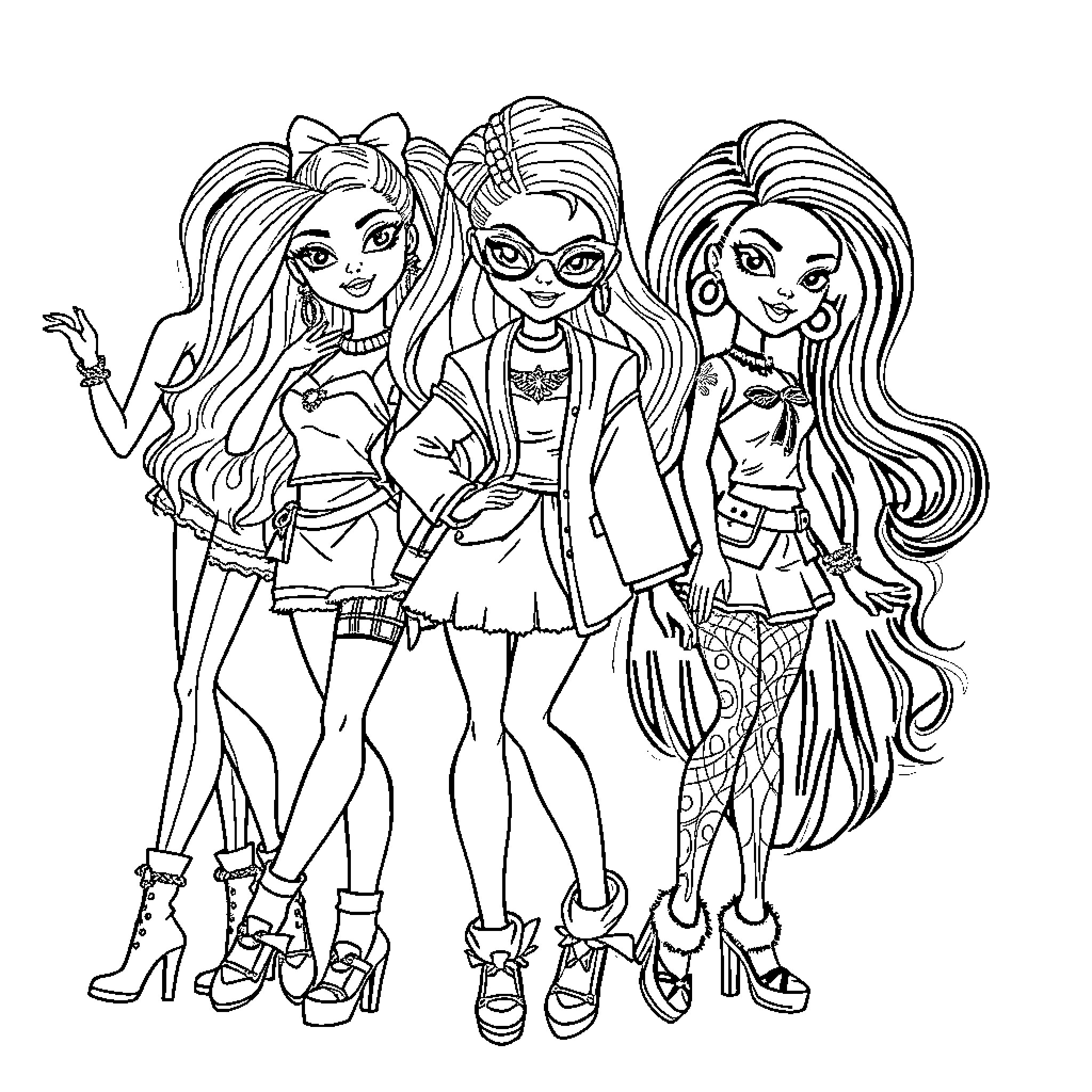 Bratz fashionistas striking confident poses Coloring Page (free black-and-white line drawing printable PDF for all, from beginners to advanced learners, including children, teens, adults, and seniors)