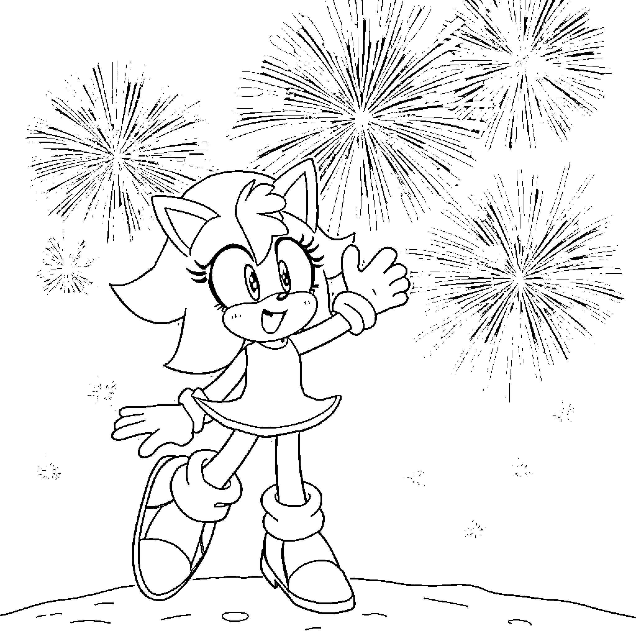 Amy Rose enjoying fireworks display Coloring Page (free black-and-white line drawing printable PDF for all, from beginners to advanced learners, including children, teens, adults, and seniors)
