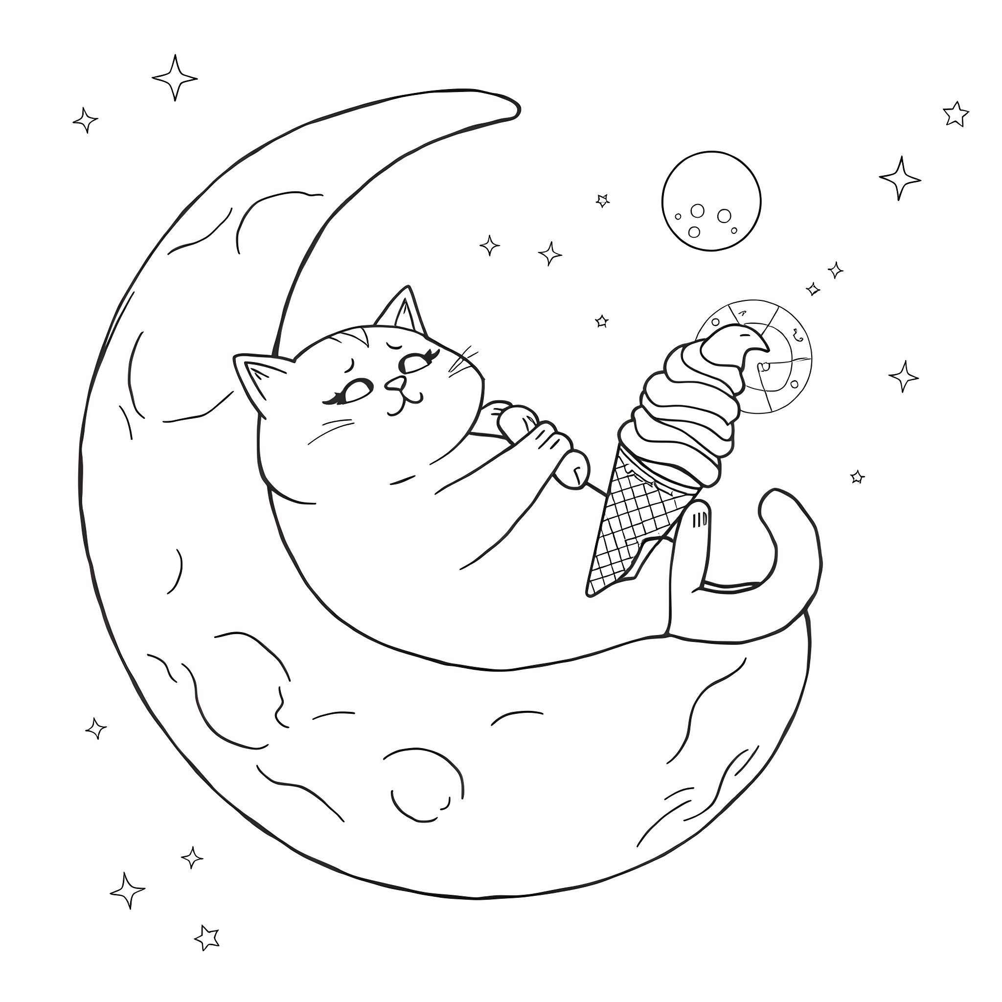 Cat enjoying ice cream on the moon Coloring Page (free black-and-white line drawing printable PDF for all, from beginners to advanced learners, including children, teens, adults, and seniors)