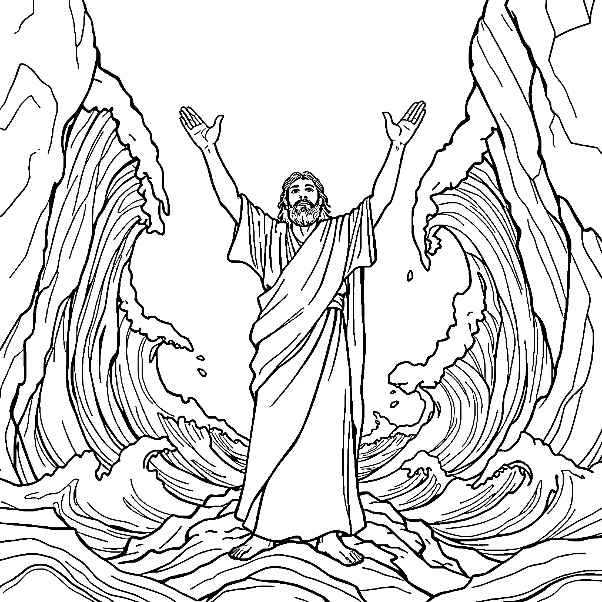 Moses parting the Red Sea with outstretched arms Coloring Page (free black-and-white line drawing printable PDF for all, from beginners to advanced learners, including children, teens, adults, and seniors)