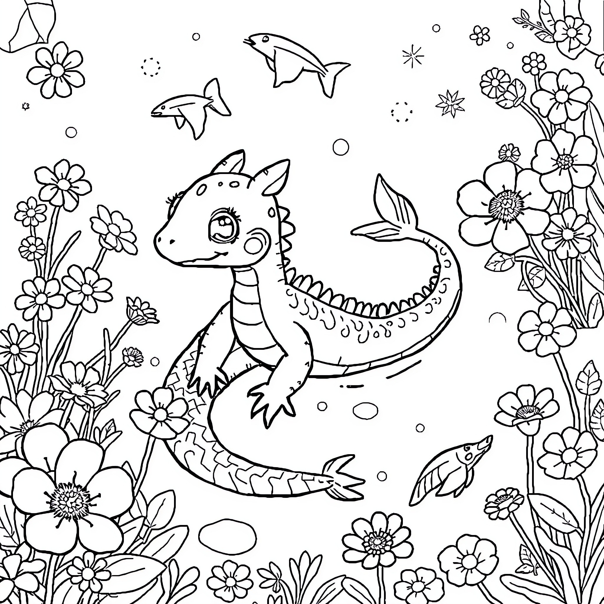 Water Dragon frolicking among colorful flowers Coloring Page (free black-and-white line drawing printable PDF for all, from beginners to advanced learners, including children, teens, adults, and seniors)