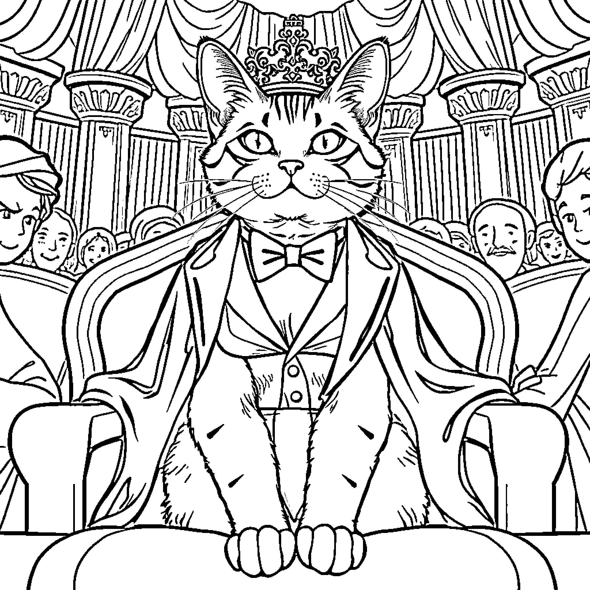 Tuxedo Cat in Regal Attire on Stage Coloring Page (free black-and-white line drawing printable PDF for all, from beginners to advanced learners, including children, teens, adults, and seniors)