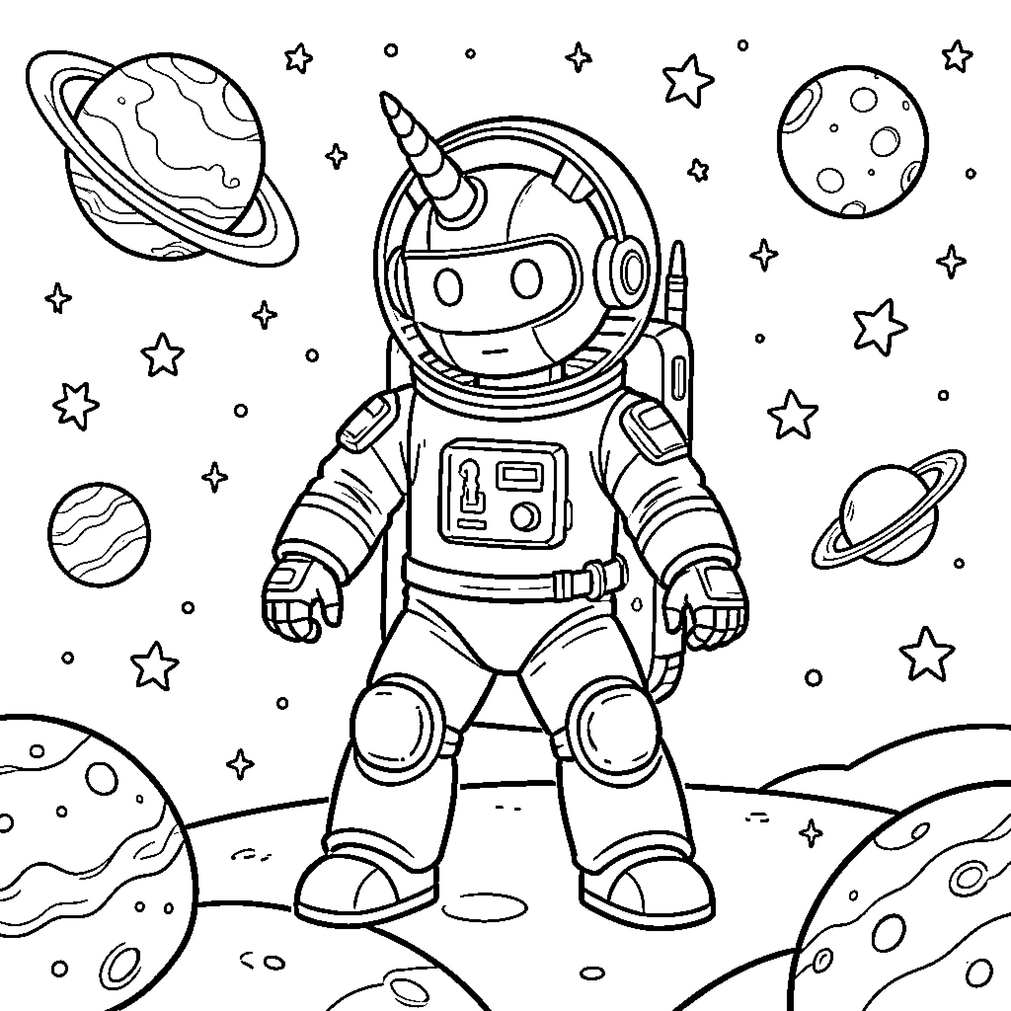 Robot Unicorn standing among planets in outer space Coloring Page (free black-and-white line drawing printable PDF for all, from beginners to advanced learners, including children, teens, adults, and seniors)