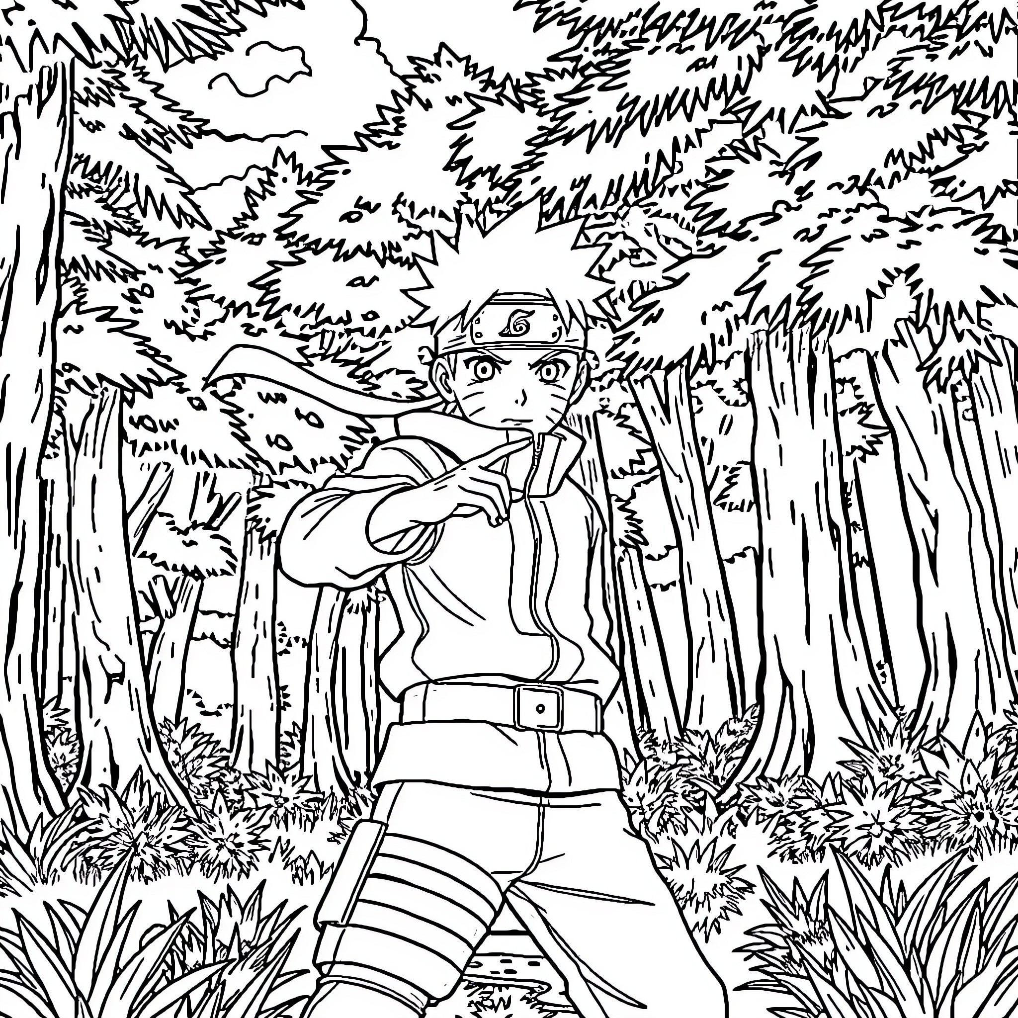 Naruto Exploring the Mysterious Forest Coloring Page (free black-and-white line drawing printable PDF for all, from beginners to advanced learners, including children, teens, adults, and seniors)