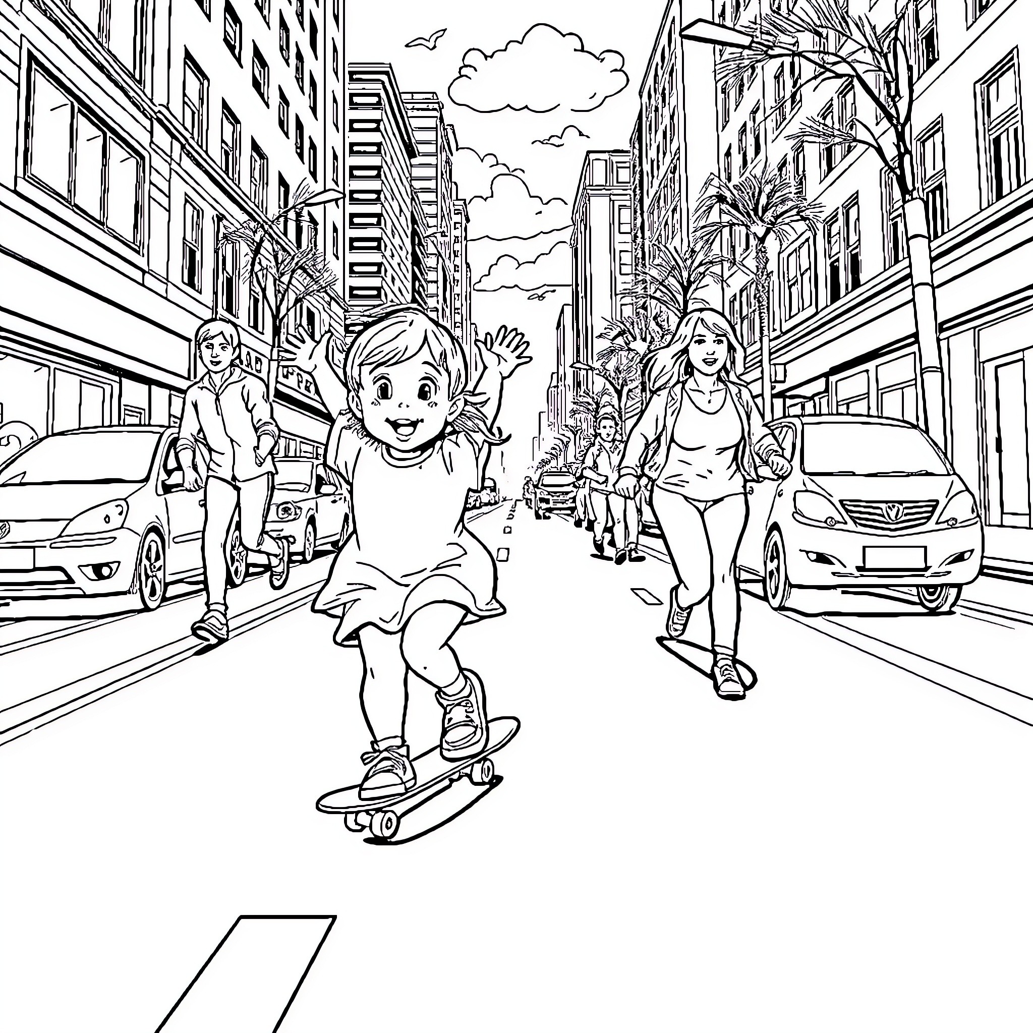 Baby skateboarding on busy city street Coloring Page (free black-and-white line drawing printable PDF for all, from beginners to advanced learners, including children, teens, adults, and seniors)