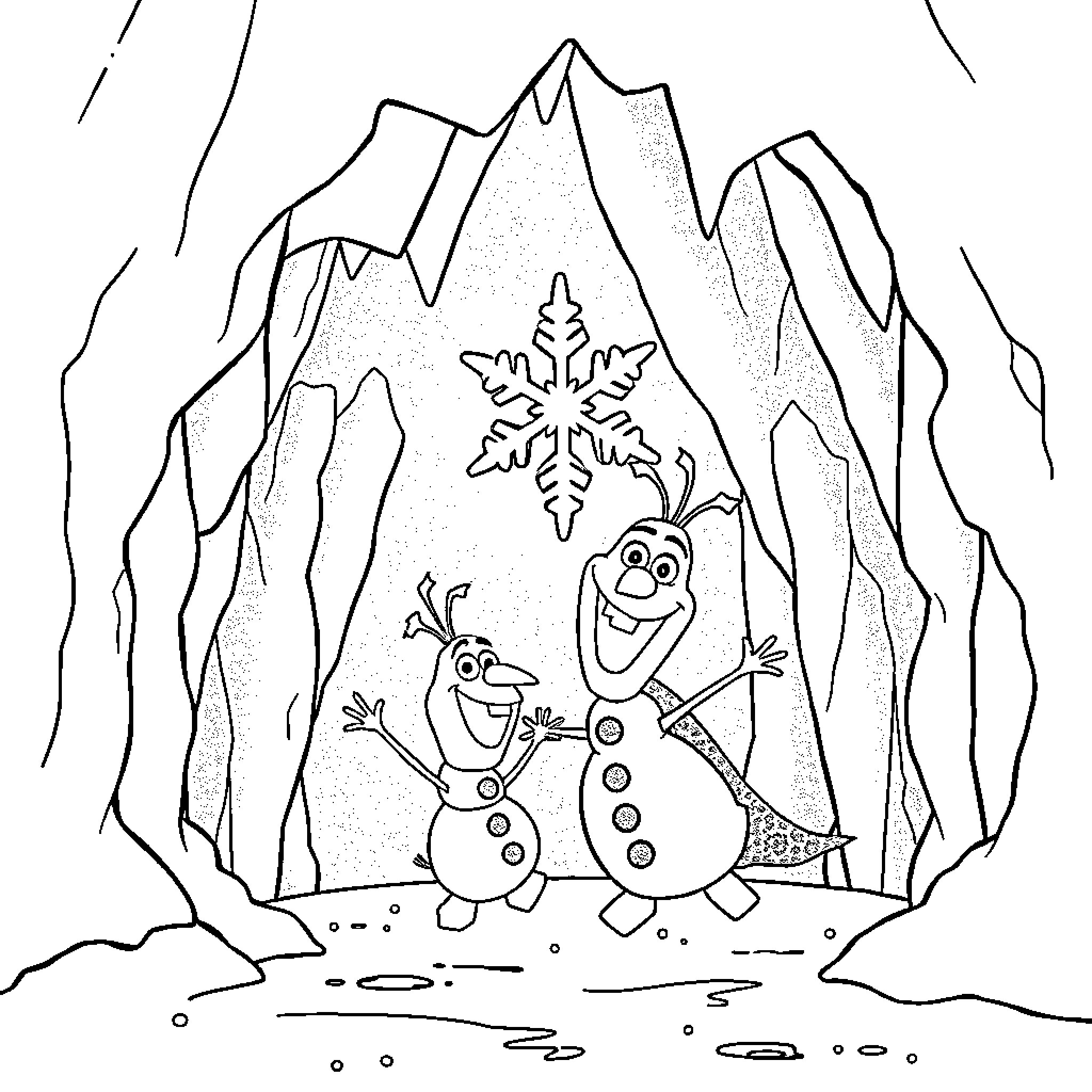 Elsa's Snowy Adventure with Olaf Coloring Page (free black-and-white line drawing printable PDF for all, from beginners to advanced learners, including children, teens, adults, and seniors)