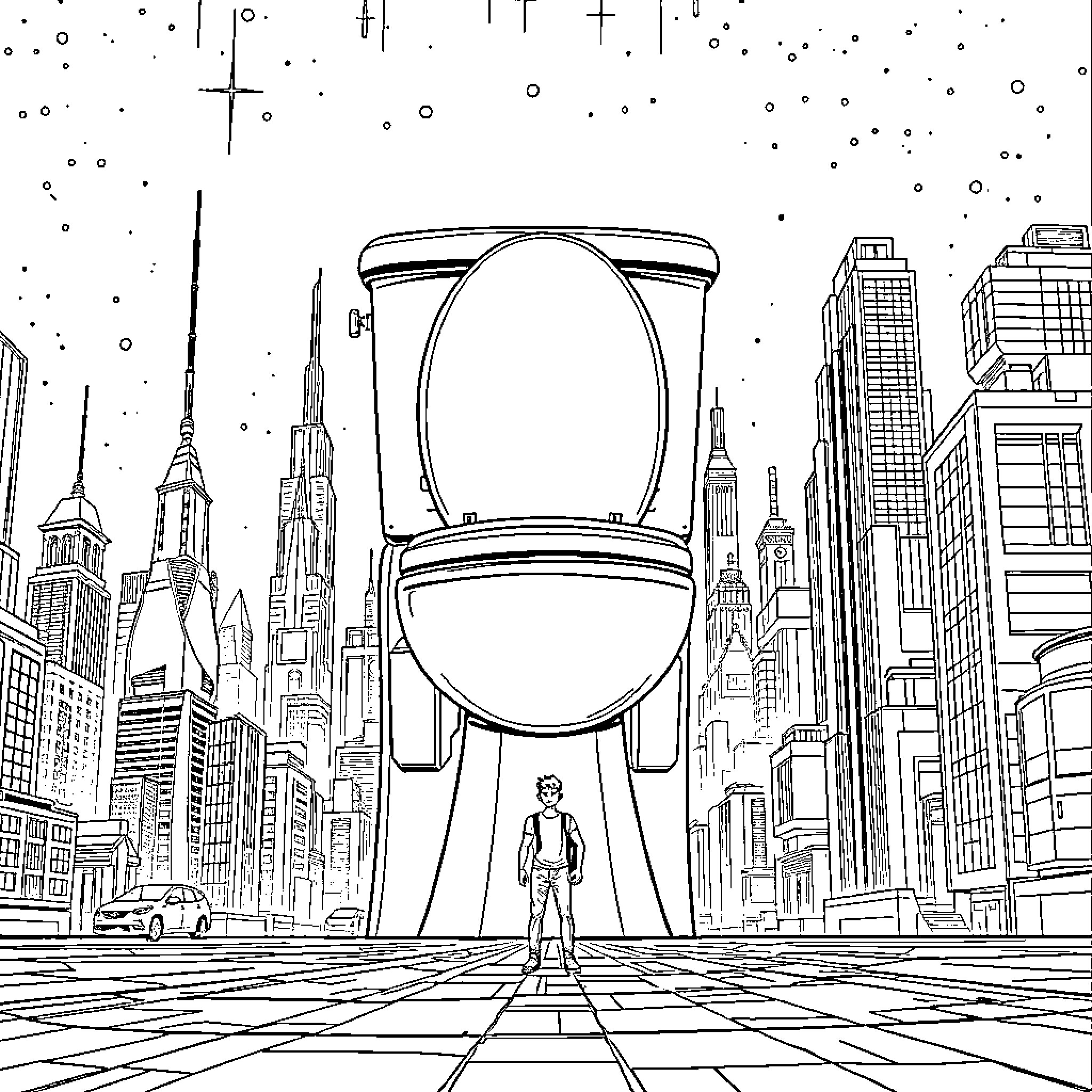 Toilet in the Futuristic City Coloring Page (free black-and-white line drawing printable PDF for all, from beginners to advanced learners, including children, teens, adults, and seniors)
