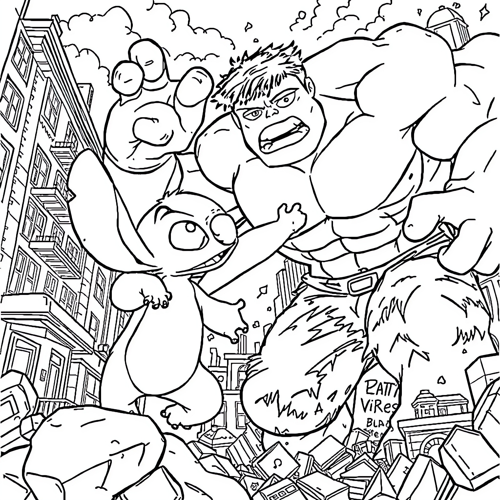 Stitch engaging in chaotic urban adventure Coloring Page (free black-and-white line drawing printable PDF for all, from beginners to advanced learners, including children, teens, adults, and seniors)