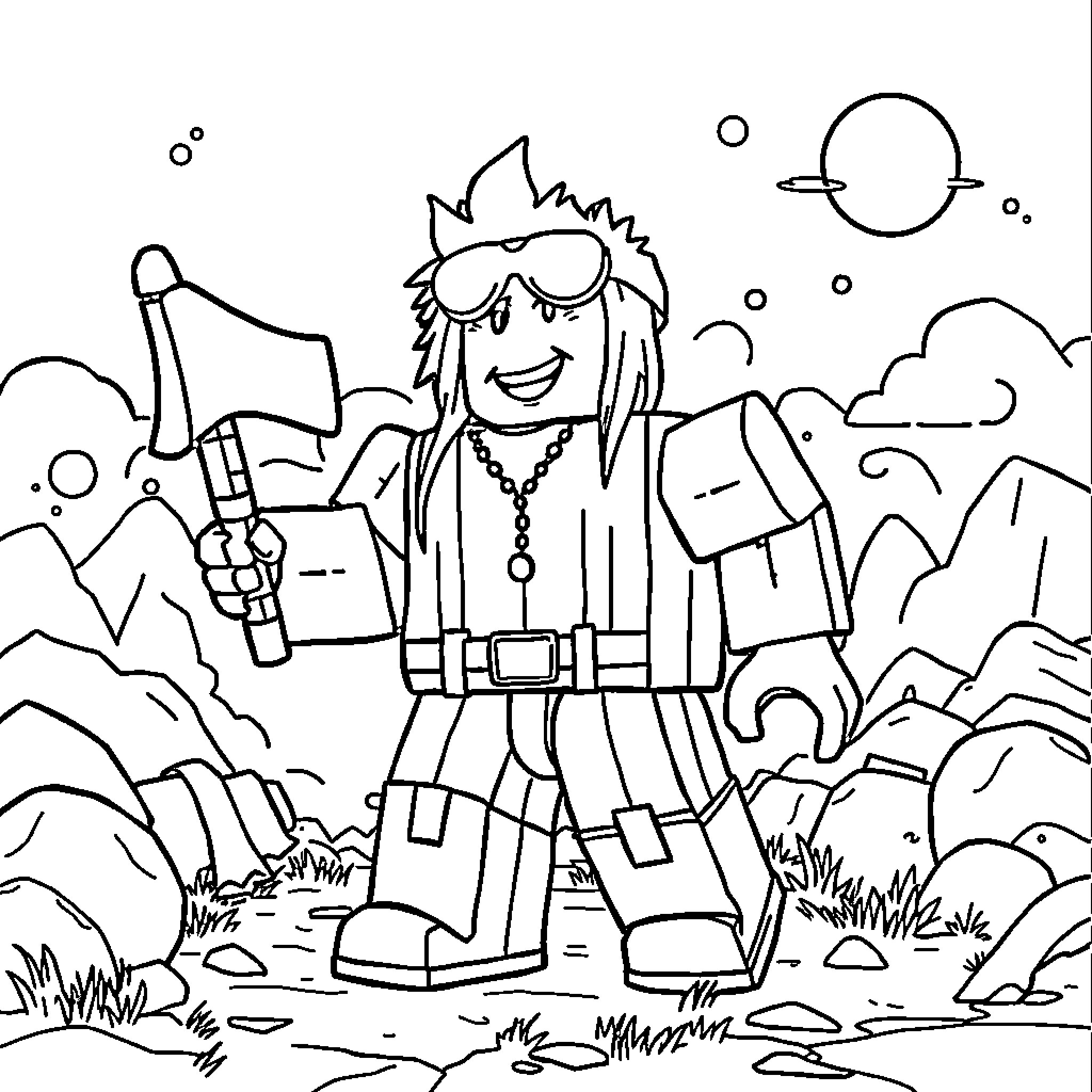Roblox character on an adventure in the wilderness Coloring Page (free black-and-white line drawing printable PDF for all, from beginners to advanced learners, including children, teens, adults, and seniors)
