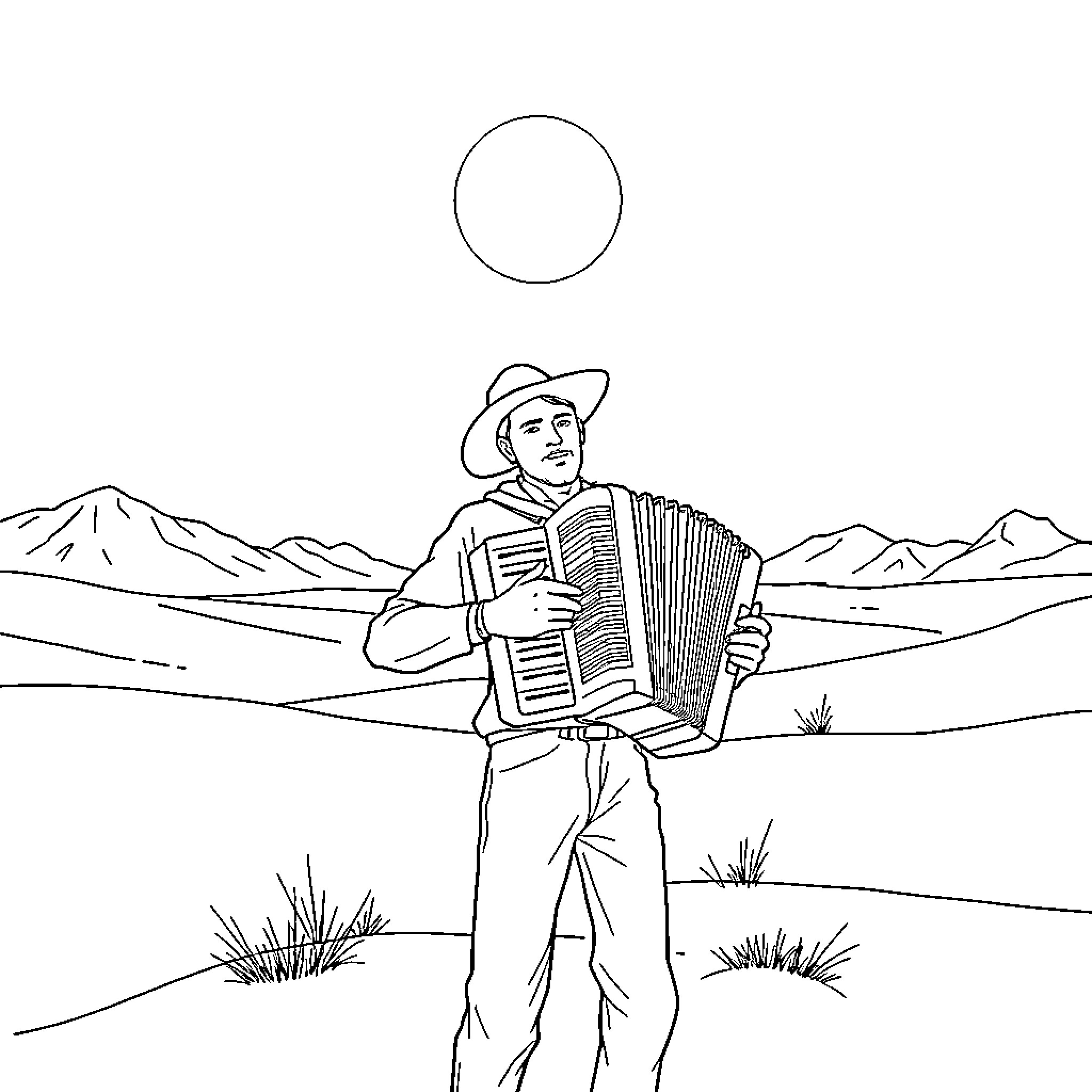 Guy playing accordion in the desert landscape Coloring Page (free black-and-white line drawing printable PDF for all, from beginners to advanced learners, including children, teens, adults, and seniors)