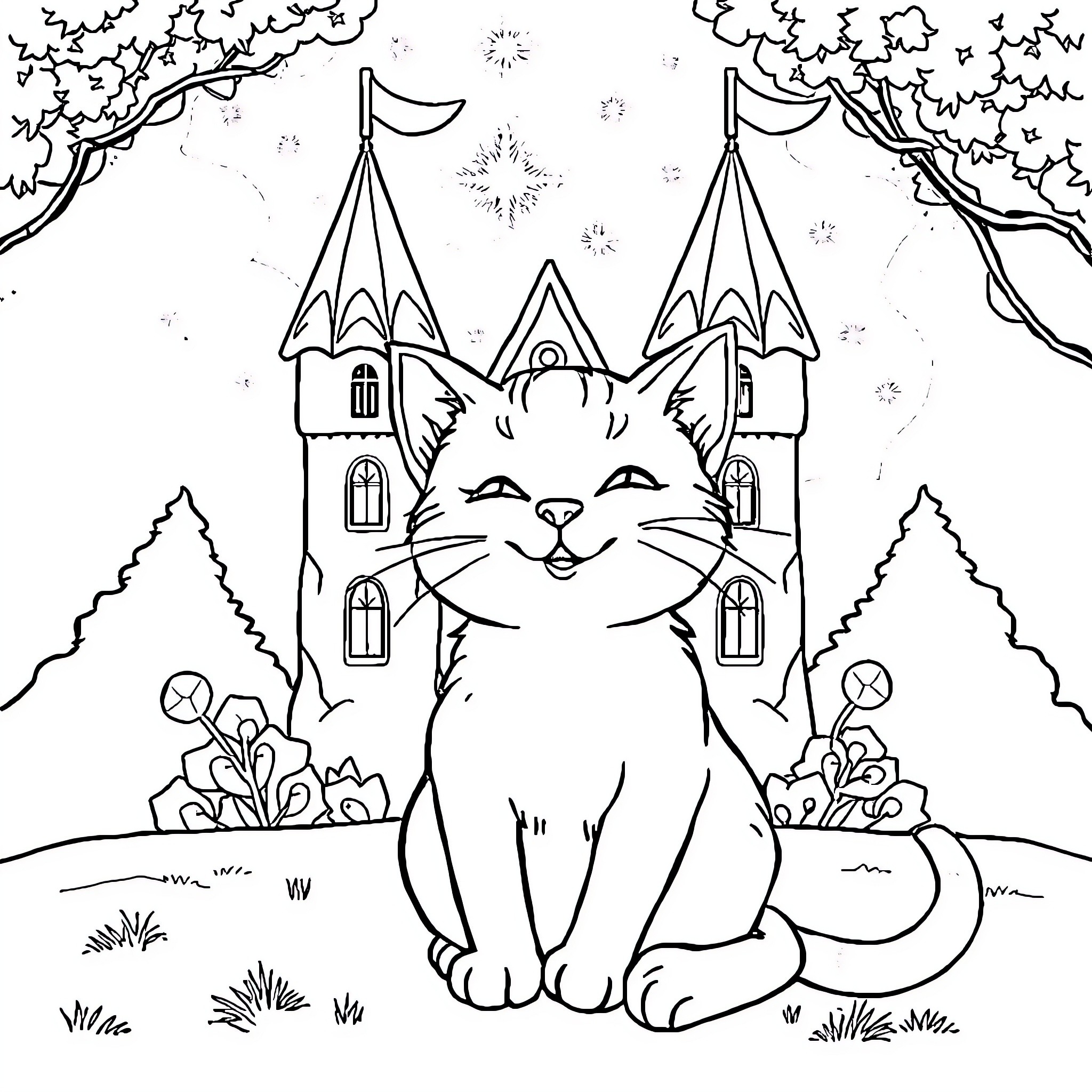 Cat in front of fantasy castle Coloring Page (free black-and-white line drawing printable PDF for all, from beginners to advanced learners, including children, teens, adults, and seniors)