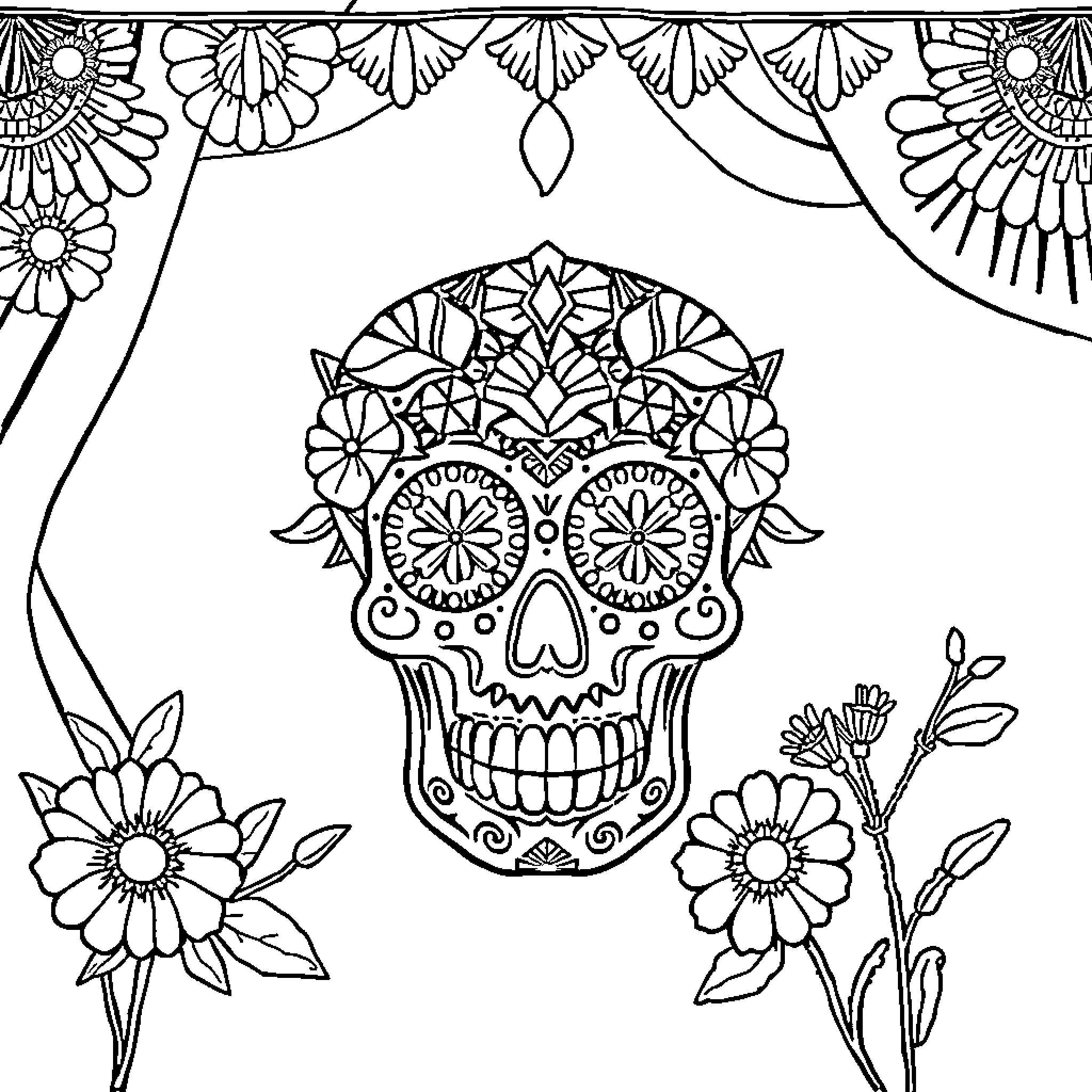 Day of the Dead with Ornate Sugar Skull and Flowers Coloring Page (free black-and-white line drawing printable PDF for all, from beginners to advanced learners, including children, teens, adults, and seniors)