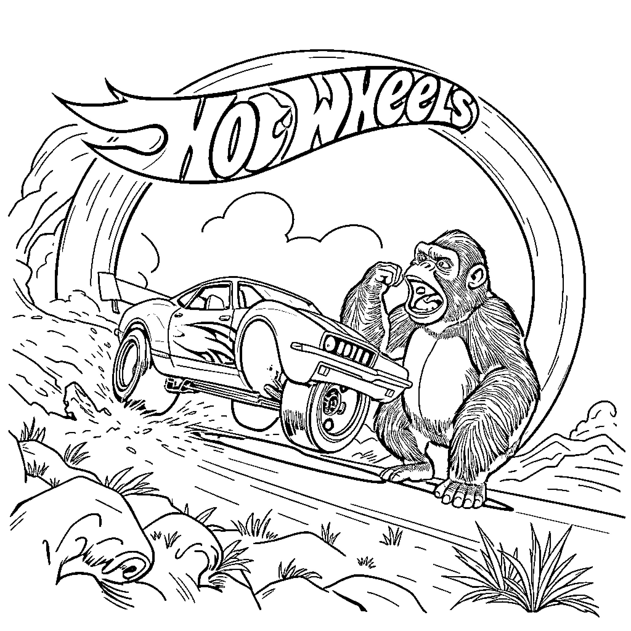 Hot Wheels adventure with a curious monkey Coloring Page (free black-and-white line drawing printable PDF for all, from beginners to advanced learners, including children, teens, adults, and seniors)