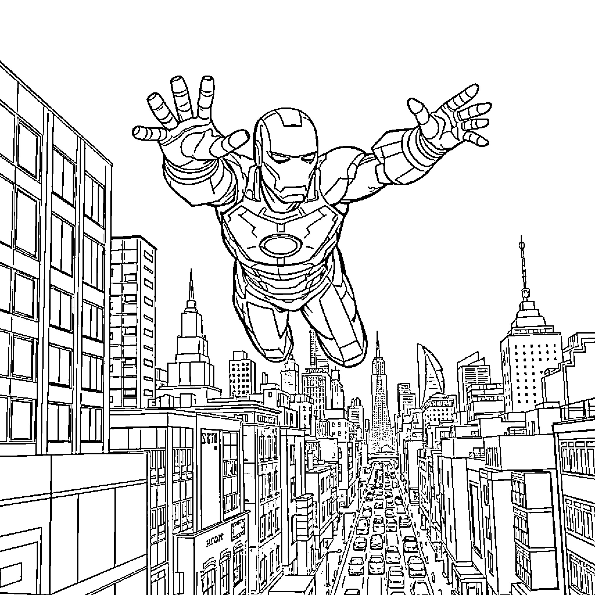 Iron Man soaring over the city skyline Coloring Page (free black-and-white line drawing printable PDF for all, from beginners to advanced learners, including children, teens, adults, and seniors)