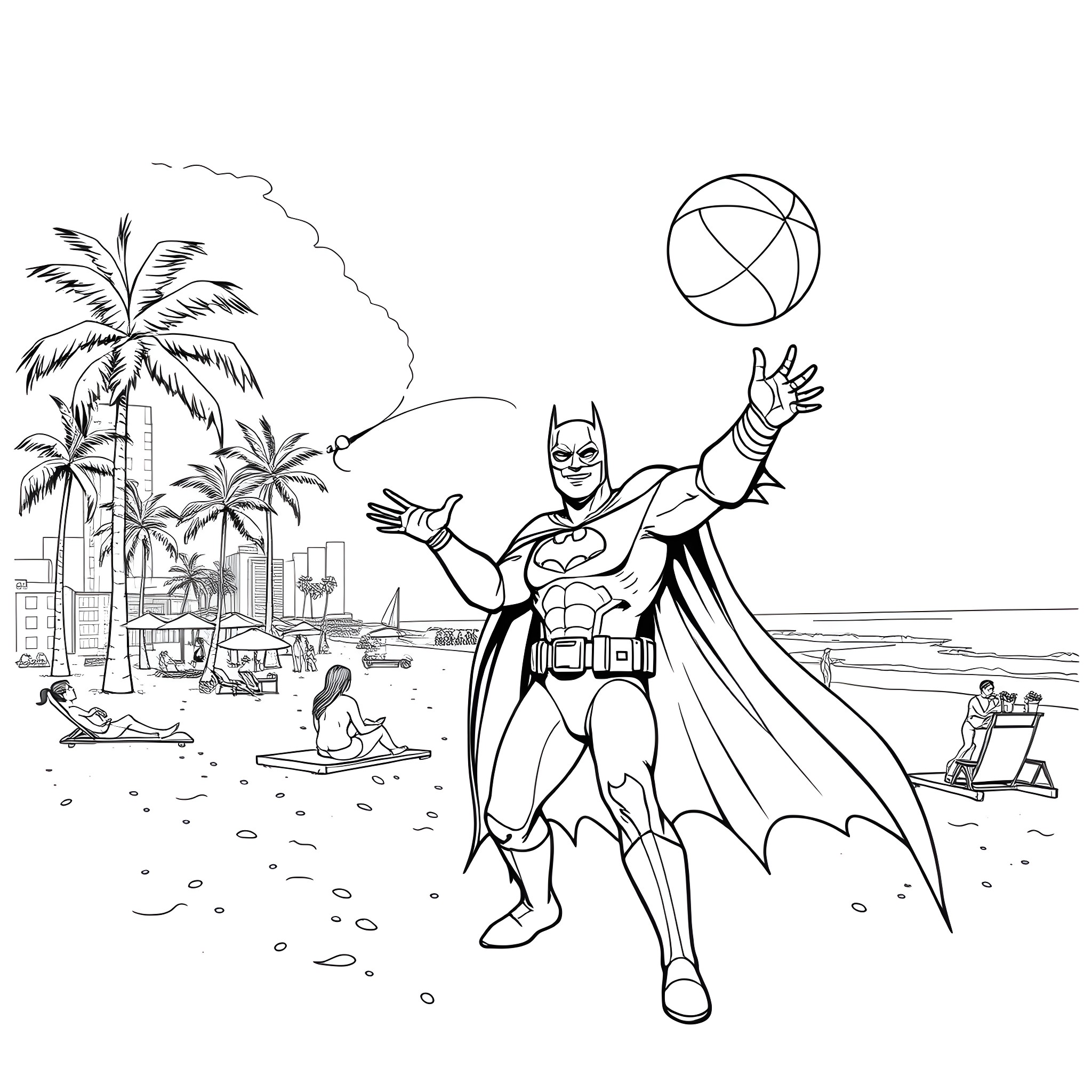Batman enjoying a day at the beach Coloring Page (free black-and-white line drawing printable PDF for all, from beginners to advanced learners, including children, teens, adults, and seniors)