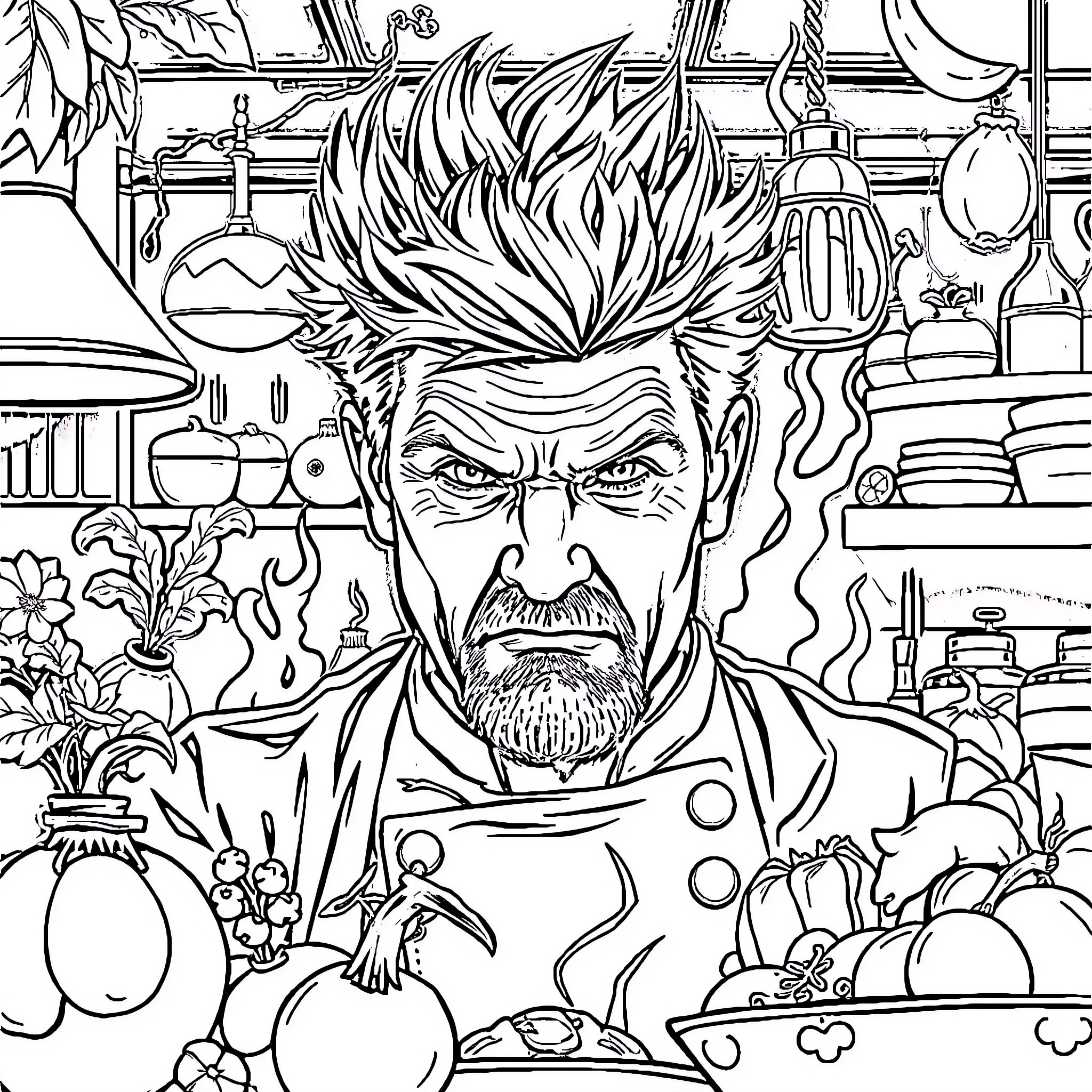Gordon Ramsey's Intense Kitchen Chaos Coloring Page (free black-and-white line drawing printable PDF for all, from beginners to advanced learners, including children, teens, adults, and seniors)