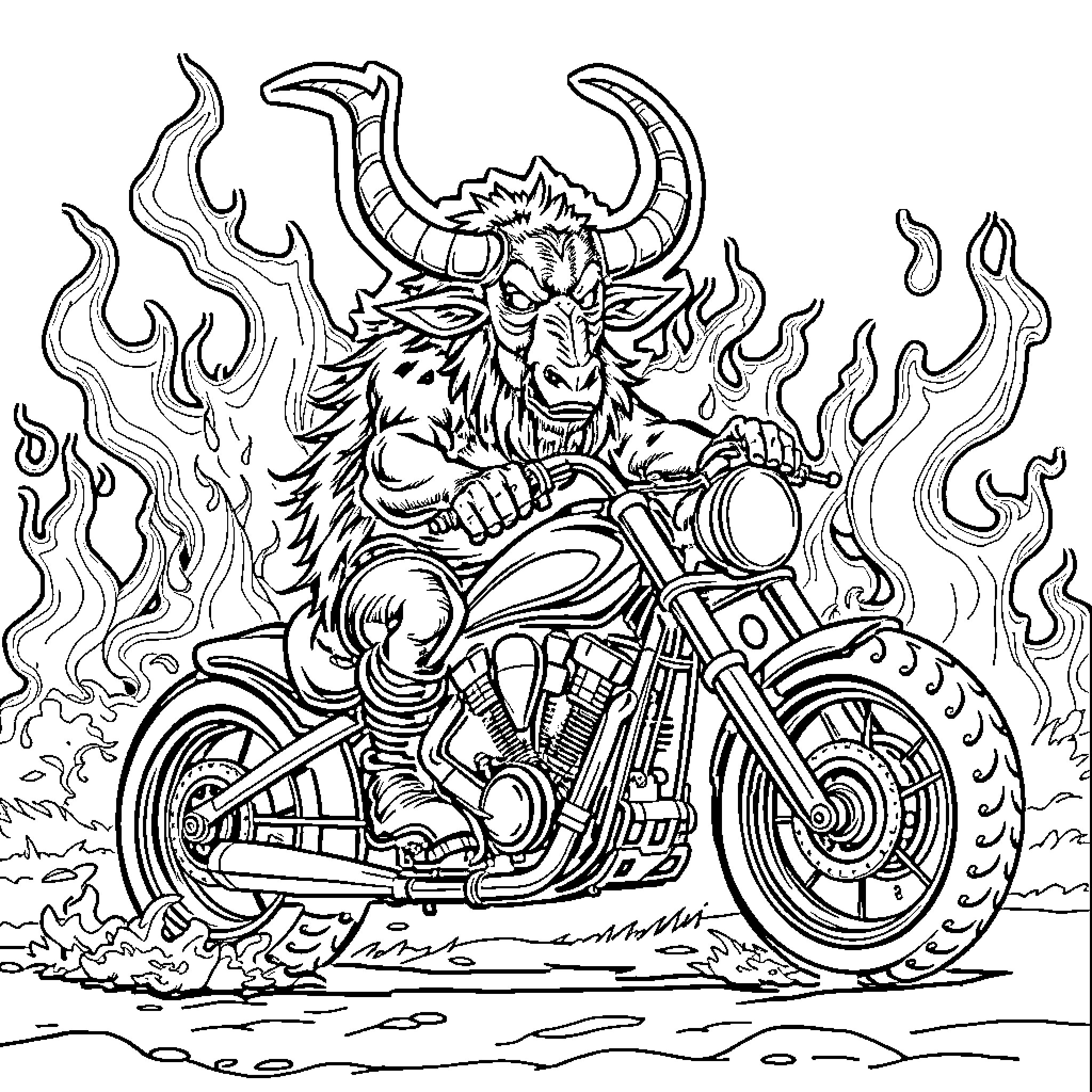 Garuda Riding a Fiery Motorcycle Coloring Page (free black-and-white line drawing printable PDF for all, from beginners to advanced learners, including children, teens, adults, and seniors)