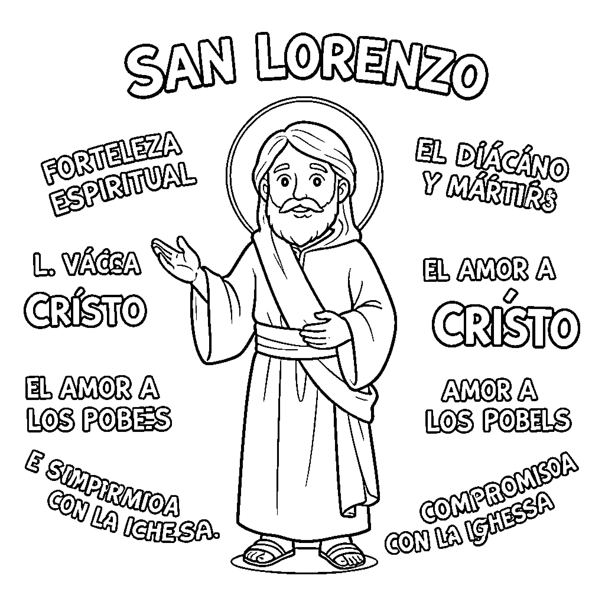 San Lorenzo standing with a halo and religious text Coloring Page (free black-and-white line drawing printable PDF for all, from beginners to advanced learners, including children, teens, adults, and seniors)
