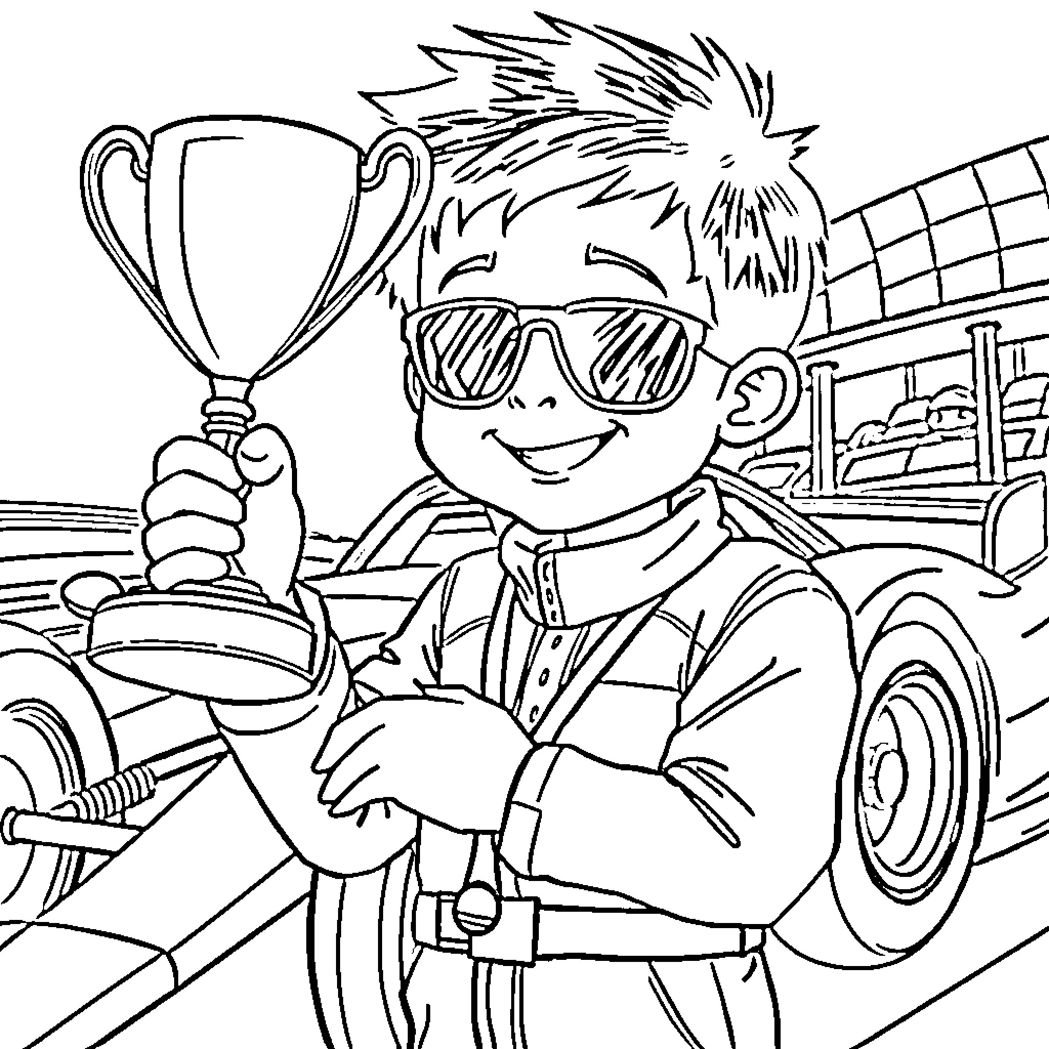 Race Car Driver Celebrating Victory with Trophy Coloring Page (free black-and-white line drawing printable PDF for all, from beginners to advanced learners, including children, teens, adults, and seniors)