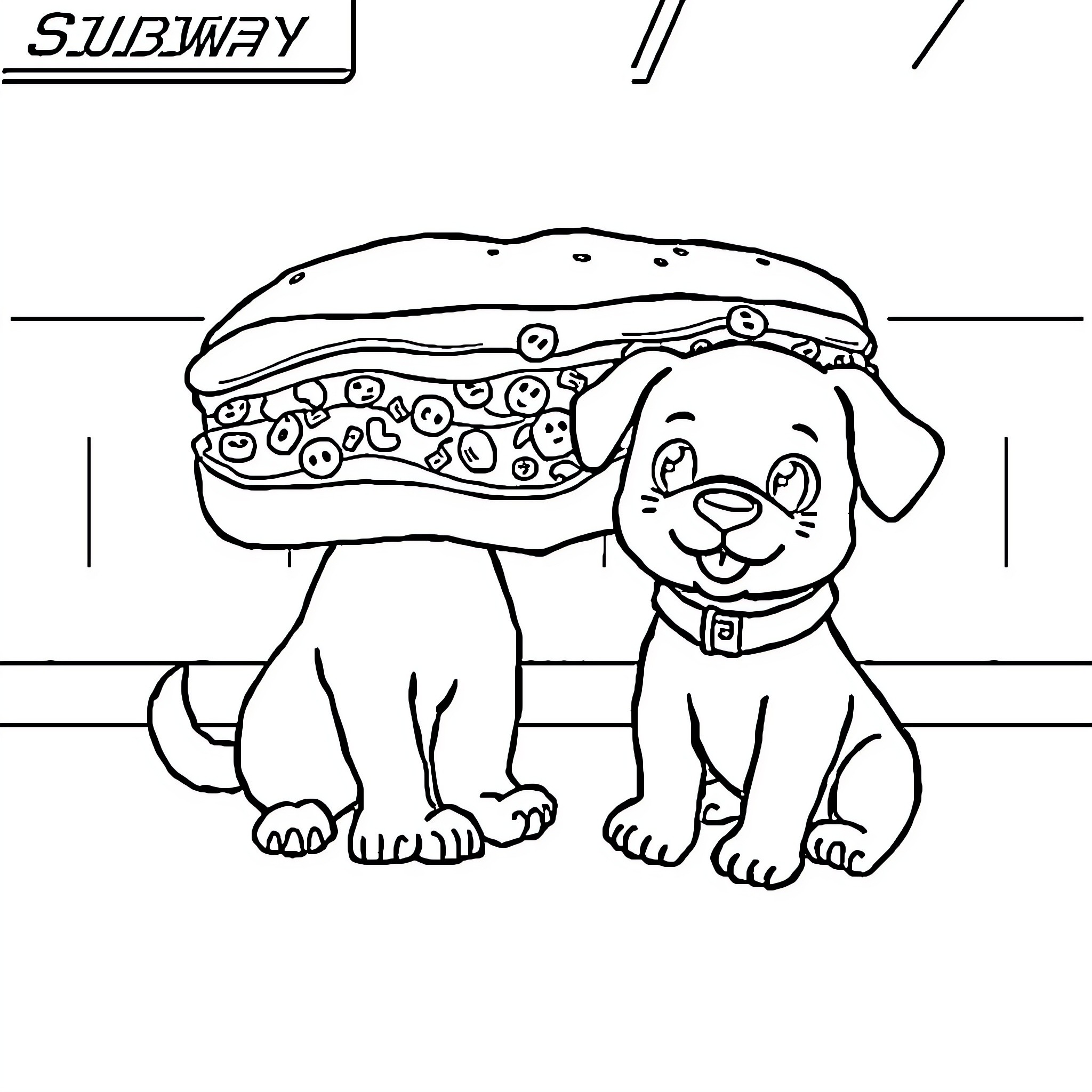 Cookie the happy puppy with a sandwich Coloring Page (free black-and-white line drawing printable PDF for all, from beginners to advanced learners, including children, teens, adults, and seniors)