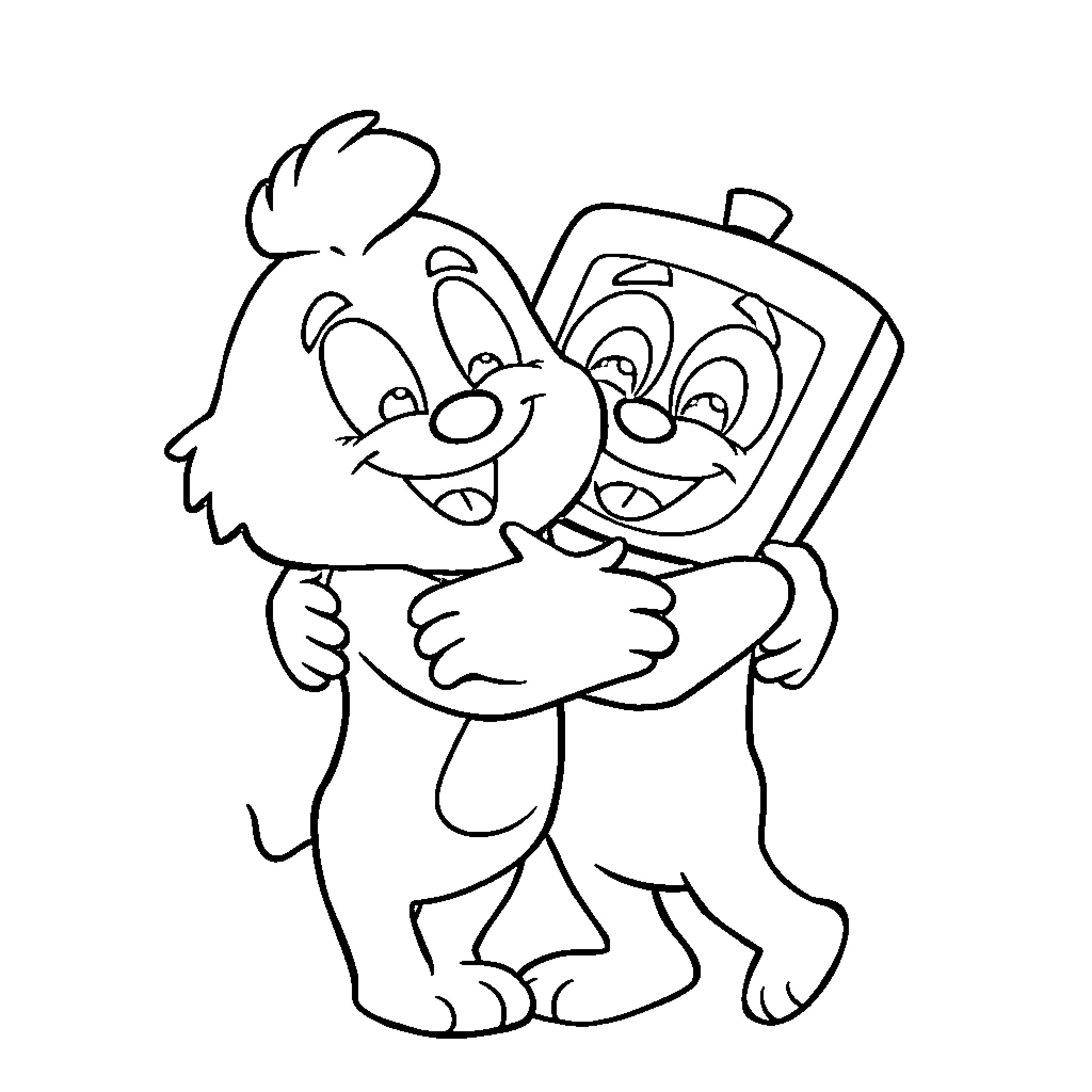 Bluey and Bingo hugging playfully Coloring Page (free black-and-white line drawing printable PDF for all, from beginners to advanced learners, including children, teens, adults, and seniors)