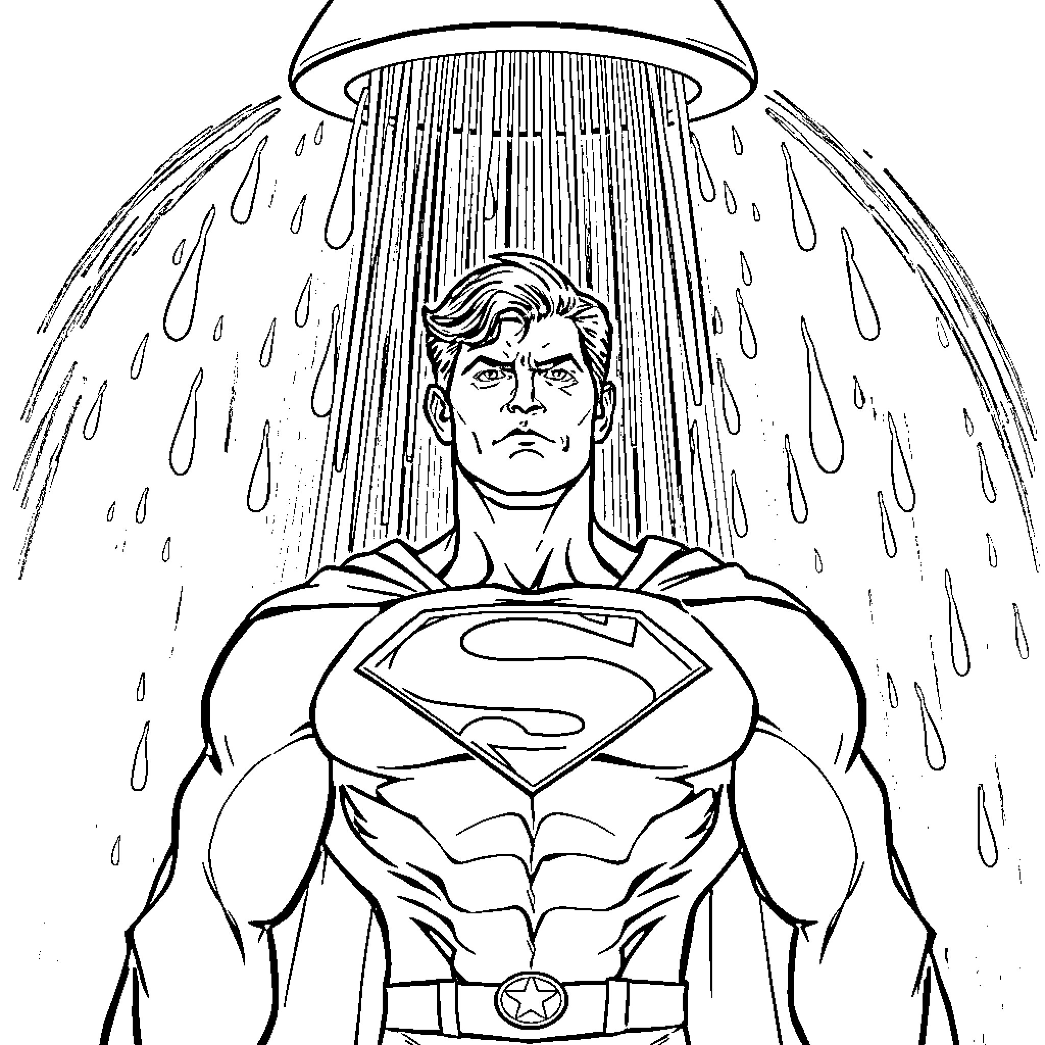 Superman standing under a heavy downpour Coloring Page (free black-and-white line drawing printable PDF for all, from beginners to advanced learners, including children, teens, adults, and seniors)