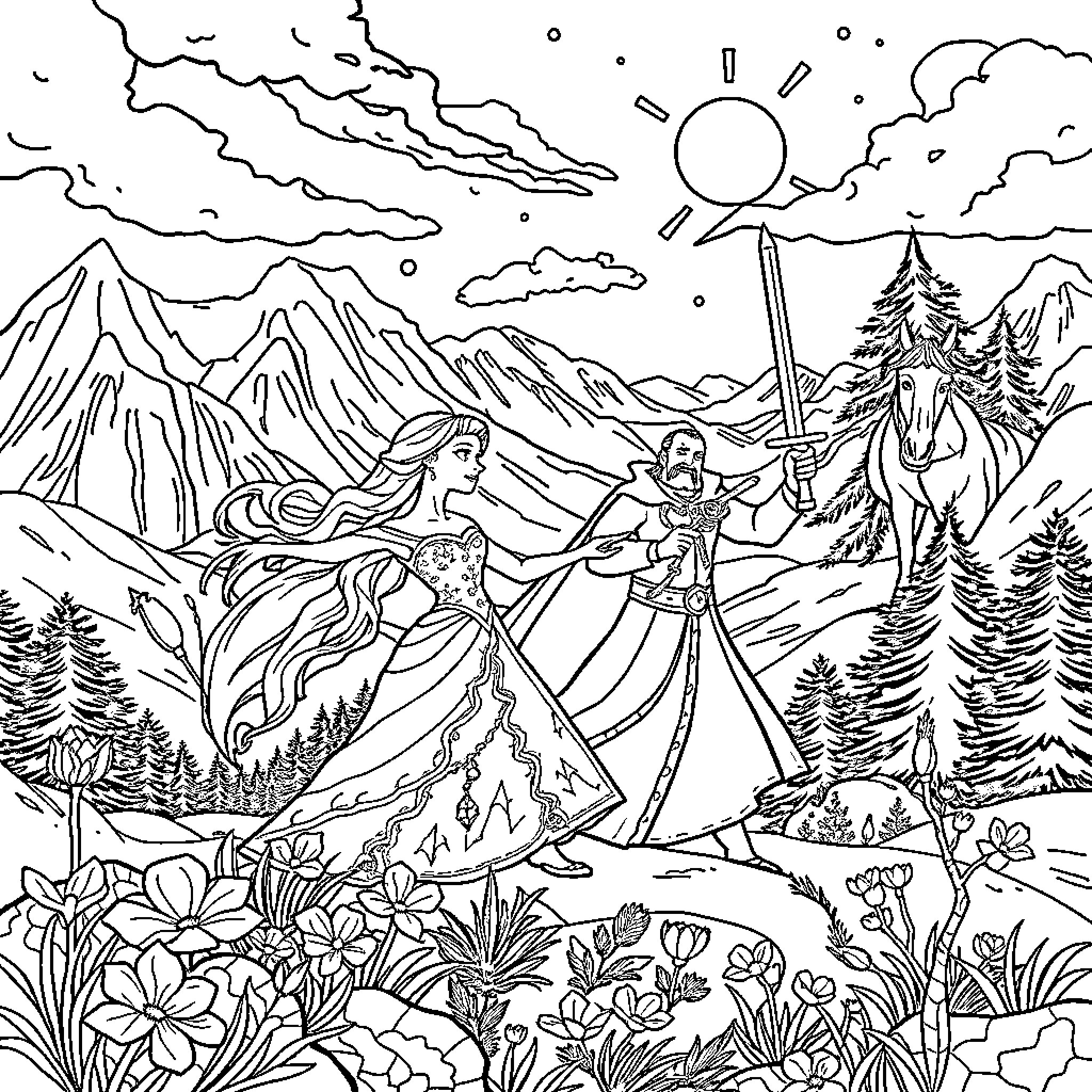 Unicorn Fantasy Adventure in the Mountains Coloring Page (free black-and-white line drawing printable PDF for all, from beginners to advanced learners, including children, teens, adults, and seniors)