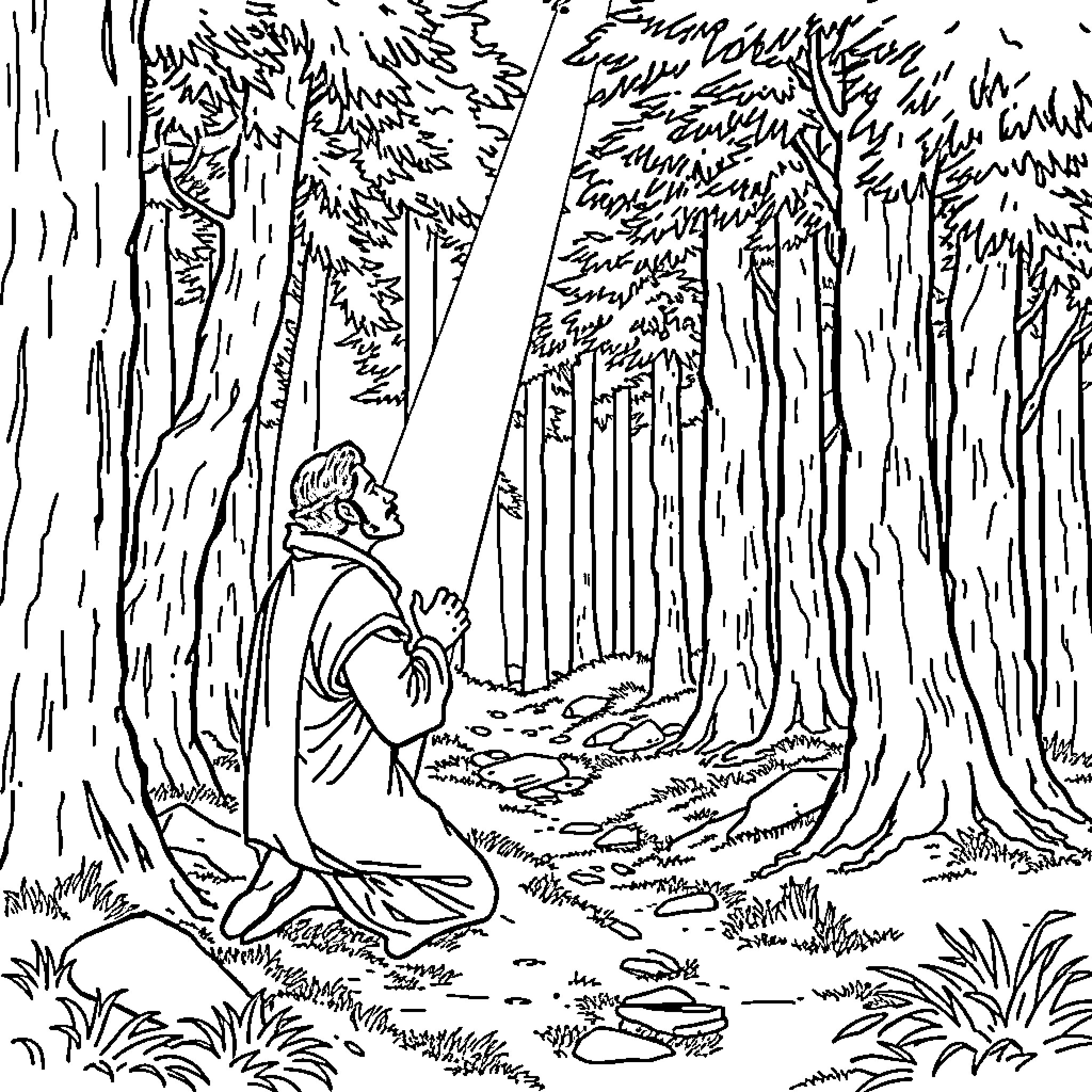 Joseph Smit exploring the serene forest landscape Coloring Page (free black-and-white line drawing printable PDF for all, from beginners to advanced learners, including children, teens, adults, and seniors)