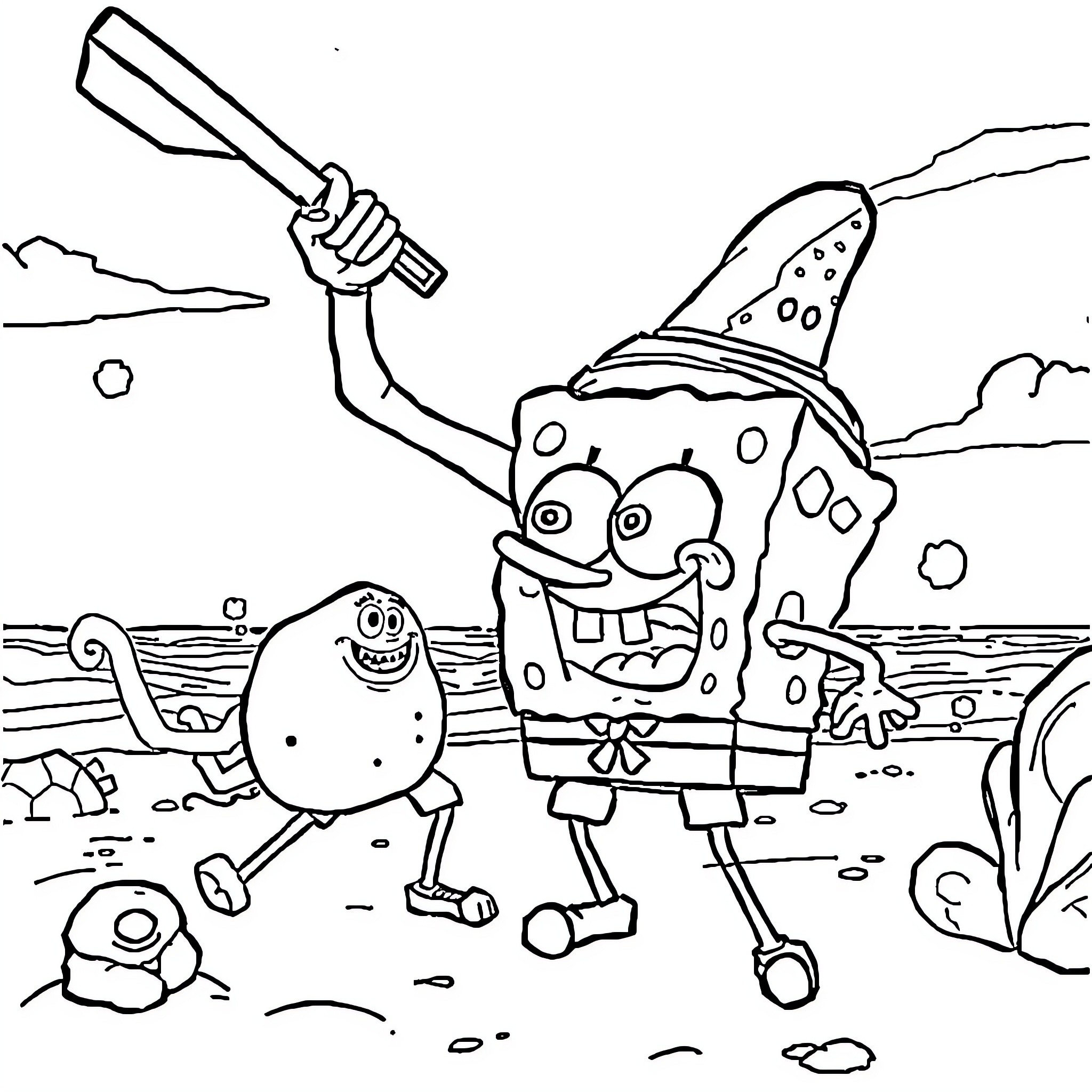 Spongebob and Patrick having a fun outdoor adventure Coloring Page (free black-and-white line drawing printable PDF for all, from beginners to advanced learners, including children, teens, adults, and seniors)