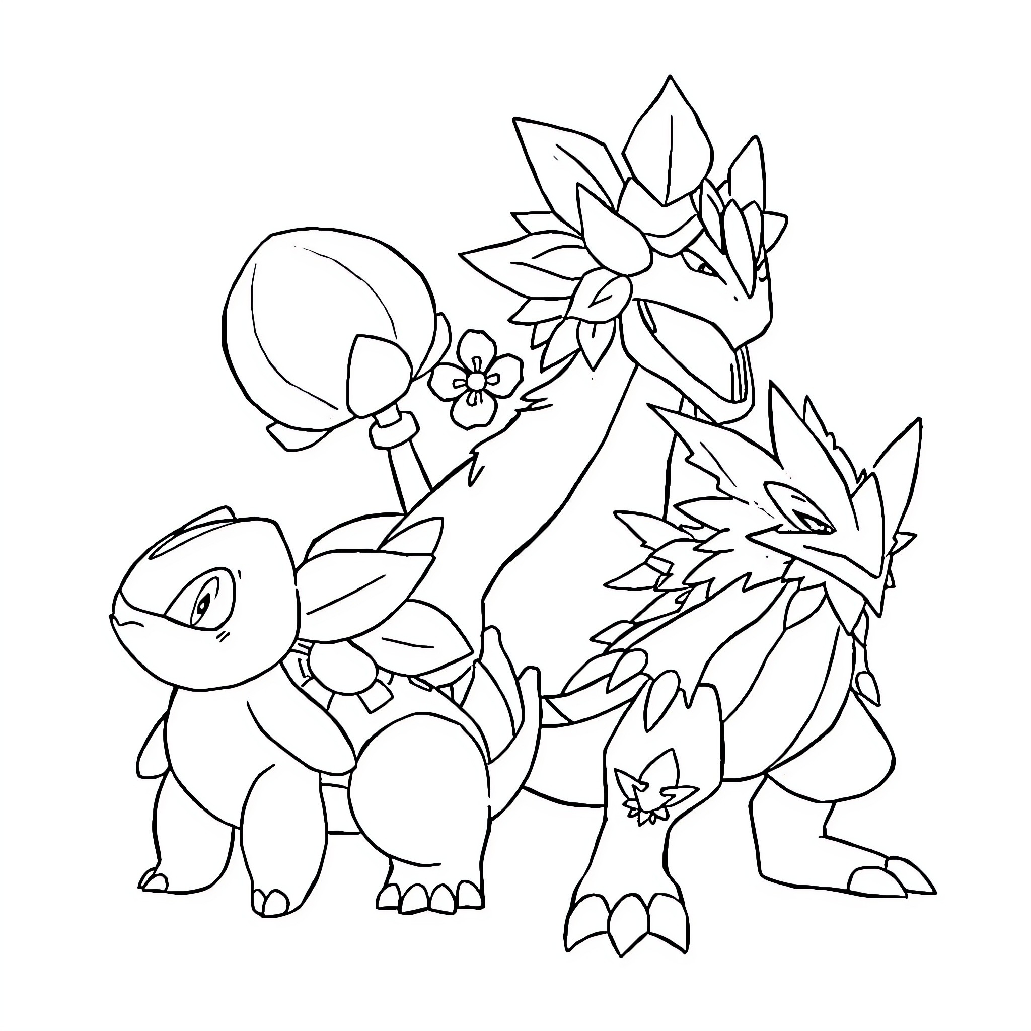 Pokémon characters exploring a nature scene Coloring Page (free black-and-white line drawing printable PDF for all, from beginners to advanced learners, including children, teens, adults, and seniors)