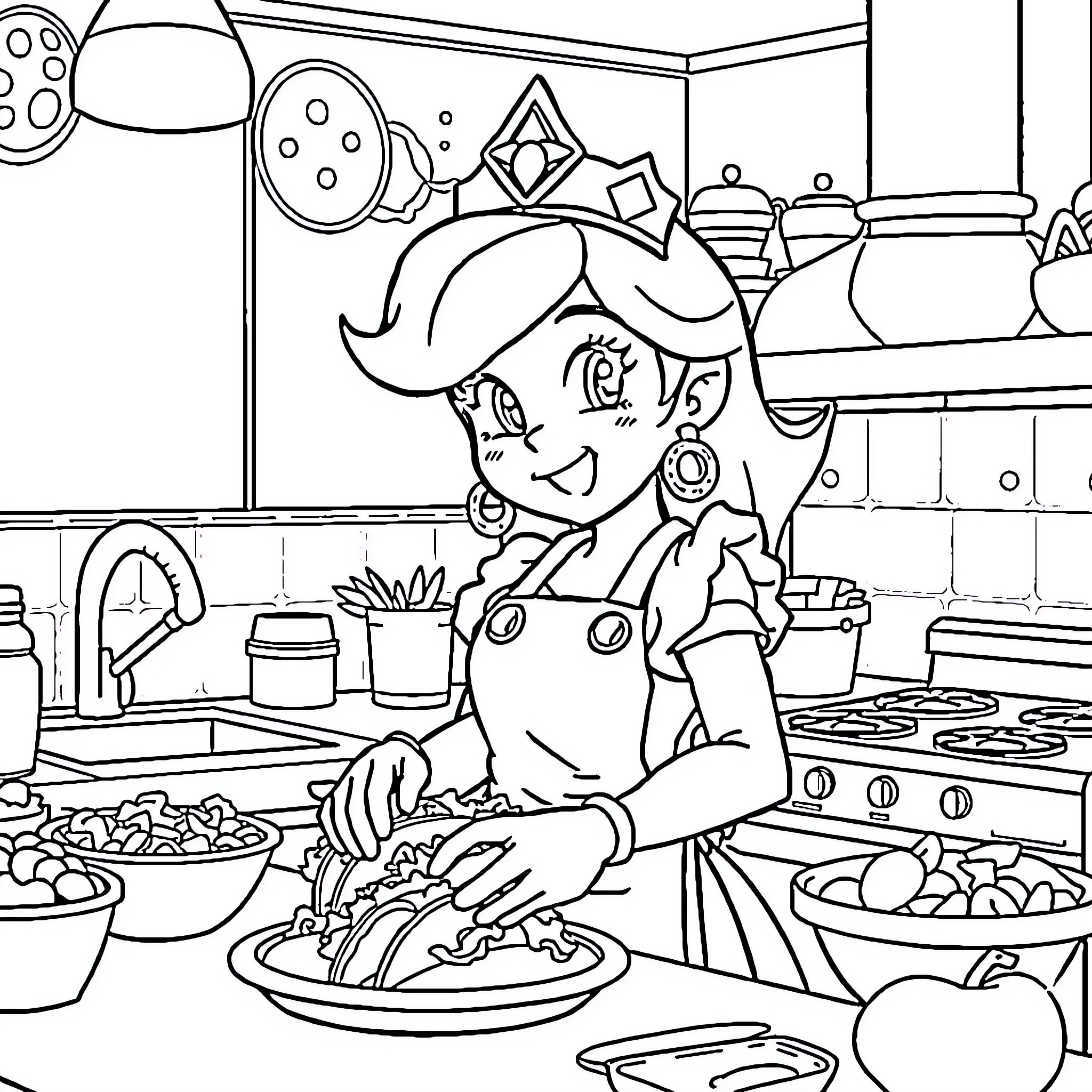 Princess Peach Preparing a Delightful Meal in the Kitchen Coloring Page (free black-and-white line drawing printable PDF for all, from beginners to advanced learners, including children, teens, adults, and seniors)