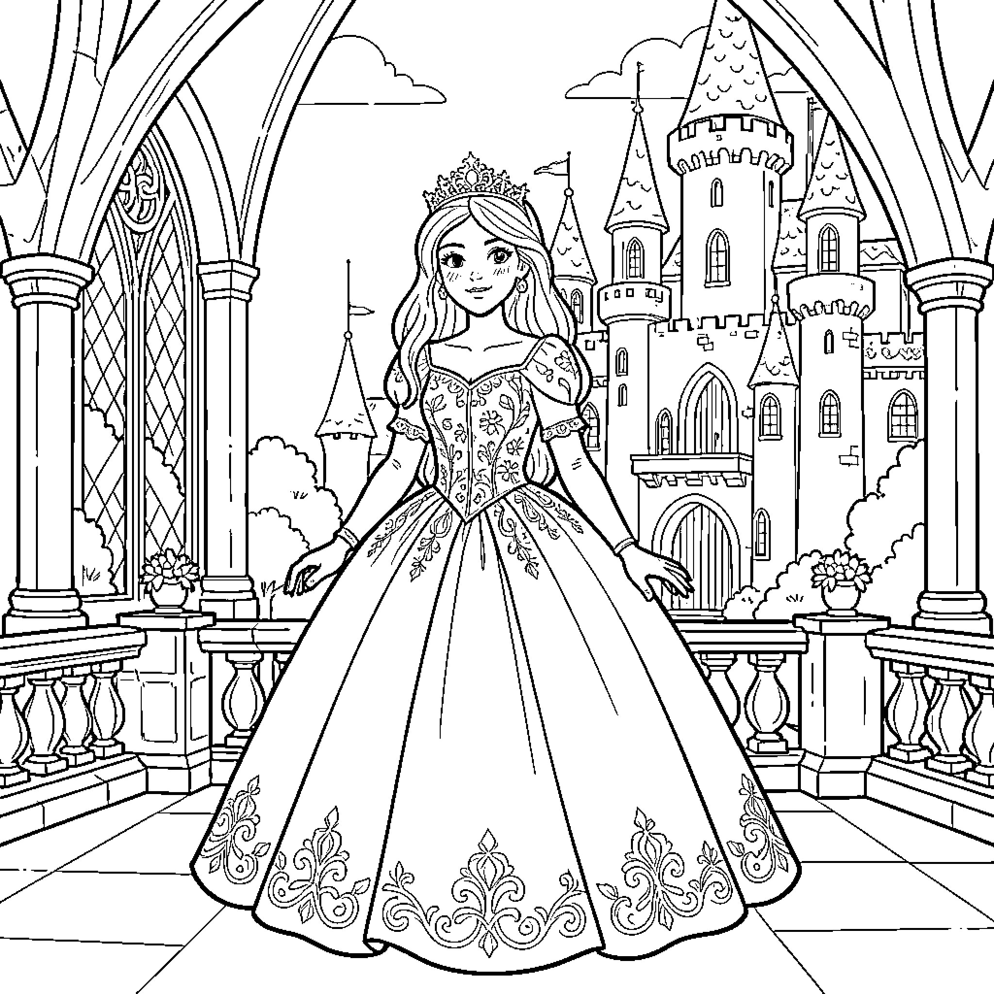 Princess posing in a grand gown before a castle Coloring Page (free black-and-white line drawing printable PDF for all, from beginners to advanced learners, including children, teens, adults, and seniors)