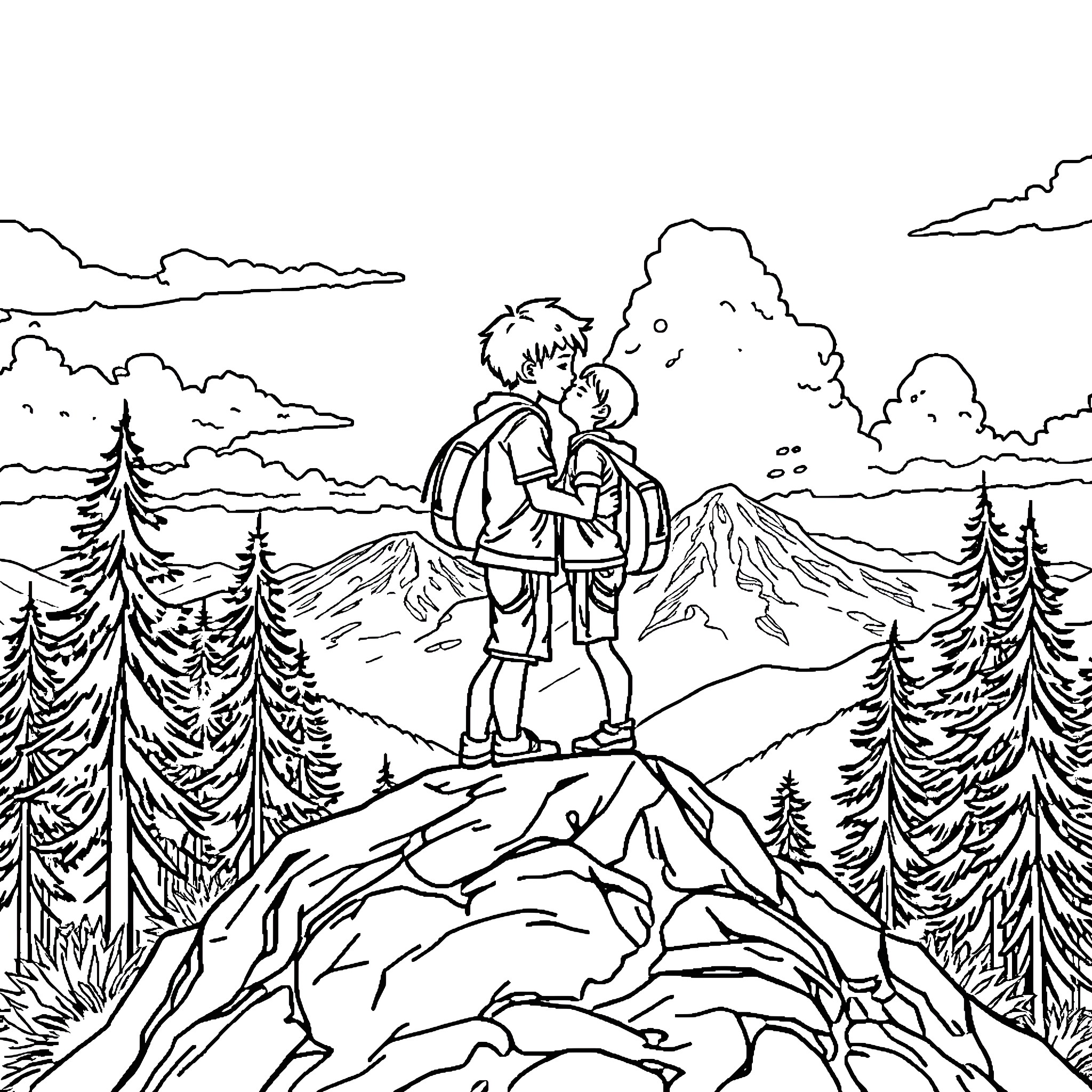 Boy embracing another on a mountain top Coloring Page (free black-and-white line drawing printable PDF for all, from beginners to advanced learners, including children, teens, adults, and seniors)