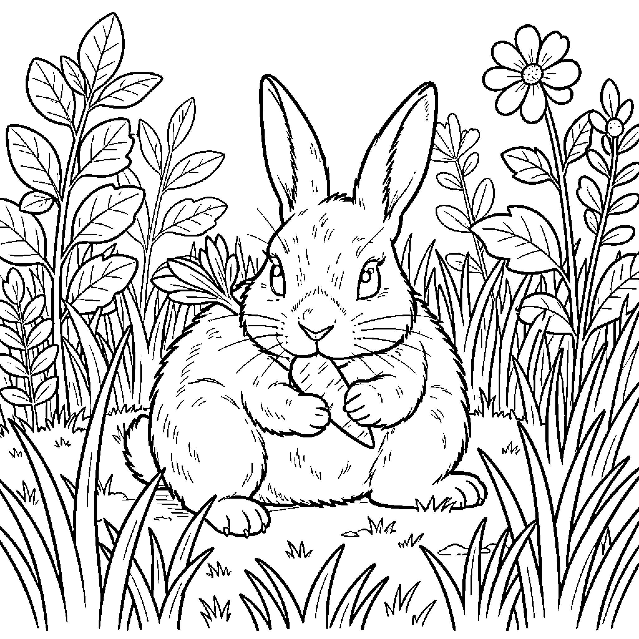 Rabbit eating a carrot in a garden Coloring Page (free black-and-white line drawing printable PDF for all, from beginners to advanced learners, including children, teens, adults, and seniors)