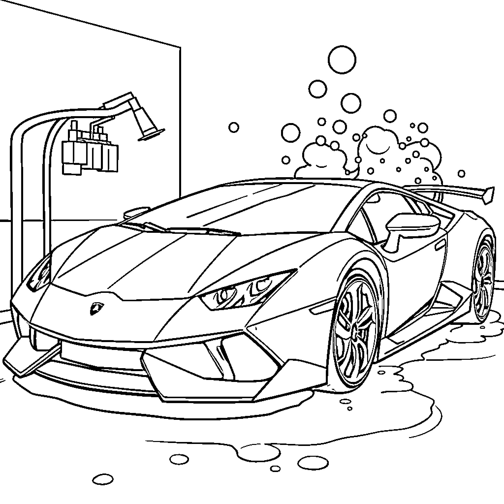 Car being washed and cleaned in the garage Coloring Page (free black-and-white line drawing printable PDF for all, from beginners to advanced learners, including children, teens, adults, and seniors)