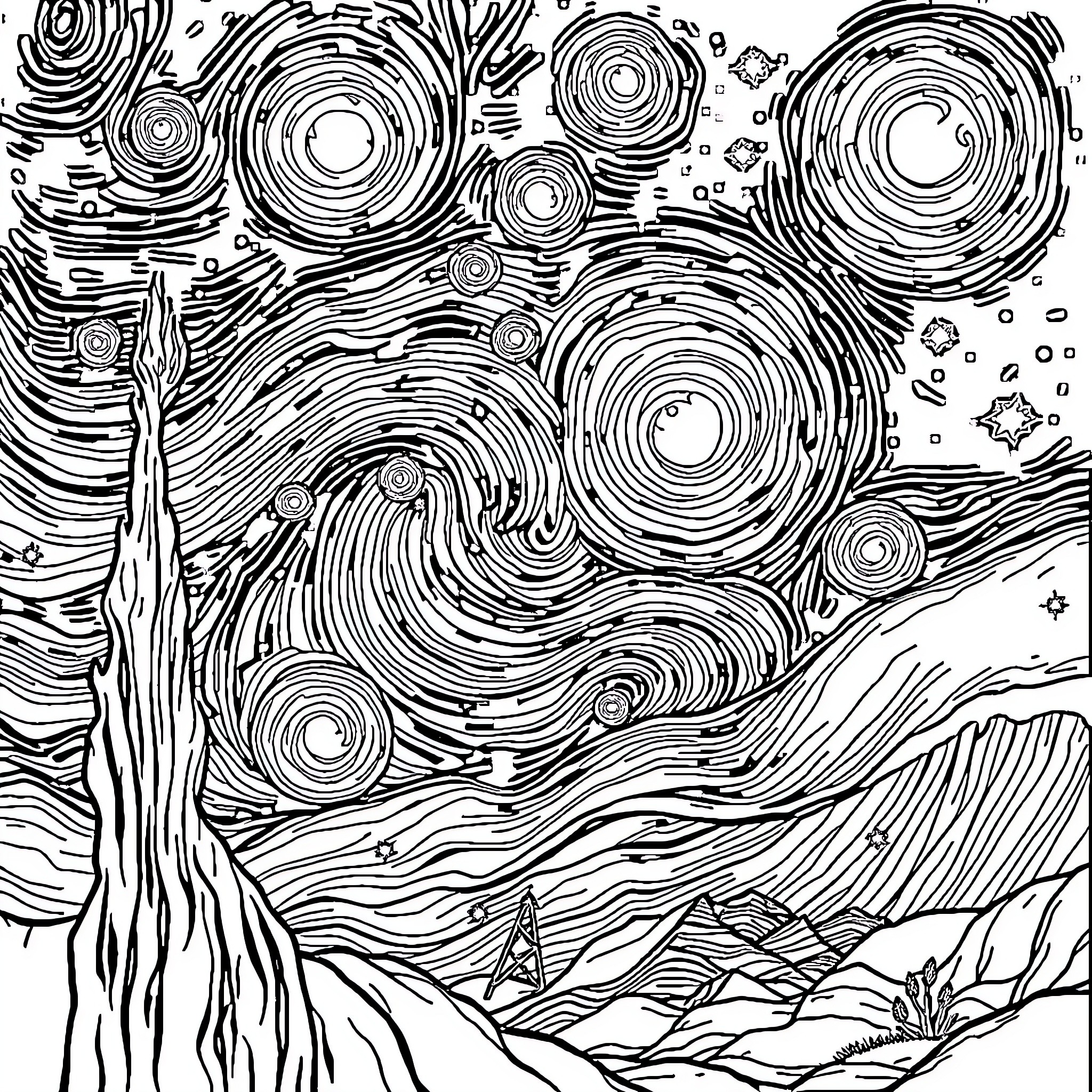 Starry Night - Swirling cosmic landscape Coloring Page (free black-and-white line drawing printable PDF for all, from beginners to advanced learners, including children, teens, adults, and seniors)